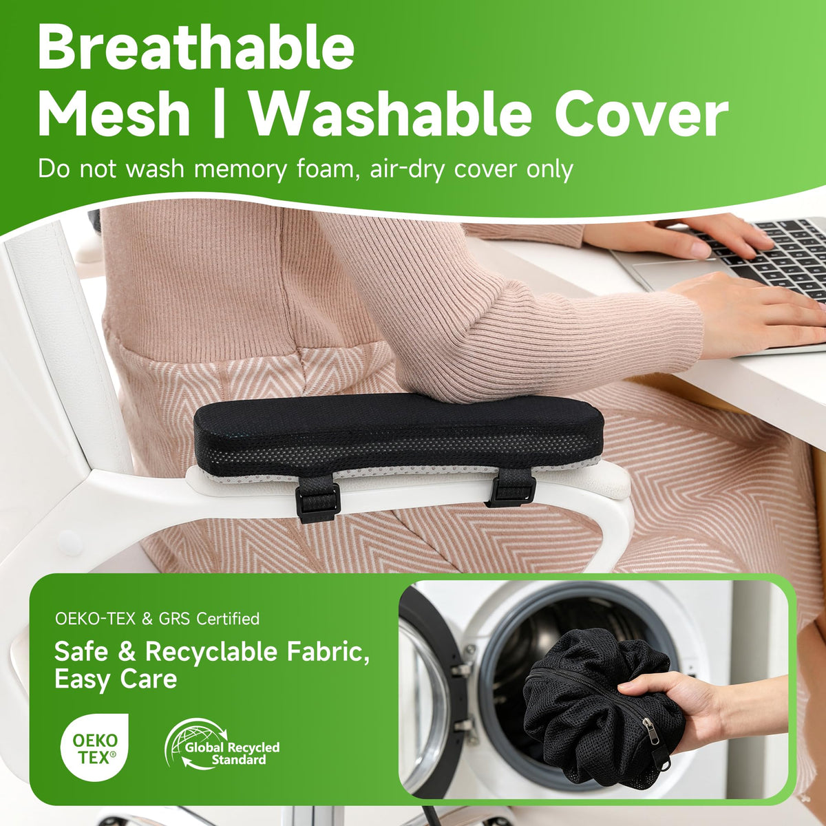 LargeLeaf Gaming Chair Armrest Memory Foam Cushions - Elbow Pillow Pressure Relief with Cooling Gel 2-Piece Set