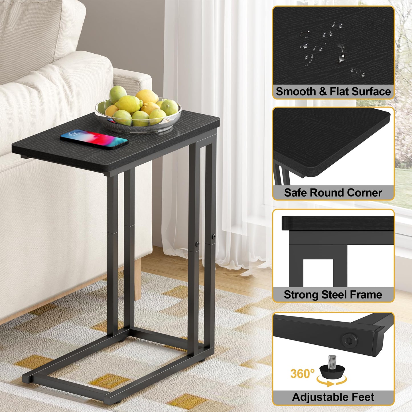 Yusong C Shaped End Table, Couch Side Table That Slide Under Sofa Bed for Small Spaces, Skinny Overbed Table