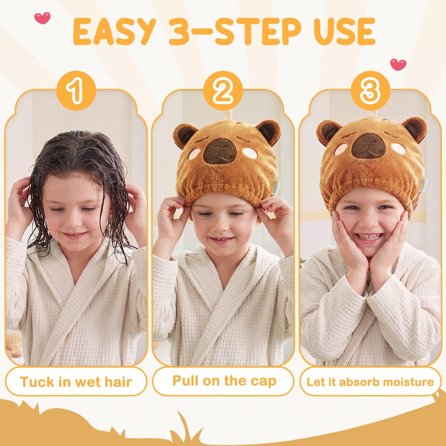 WAWSAM Kids Hair Towel Wrap, Microfibre Hair Turban Towel for Girls Boys, Fast Drying Hair Wrap with Button