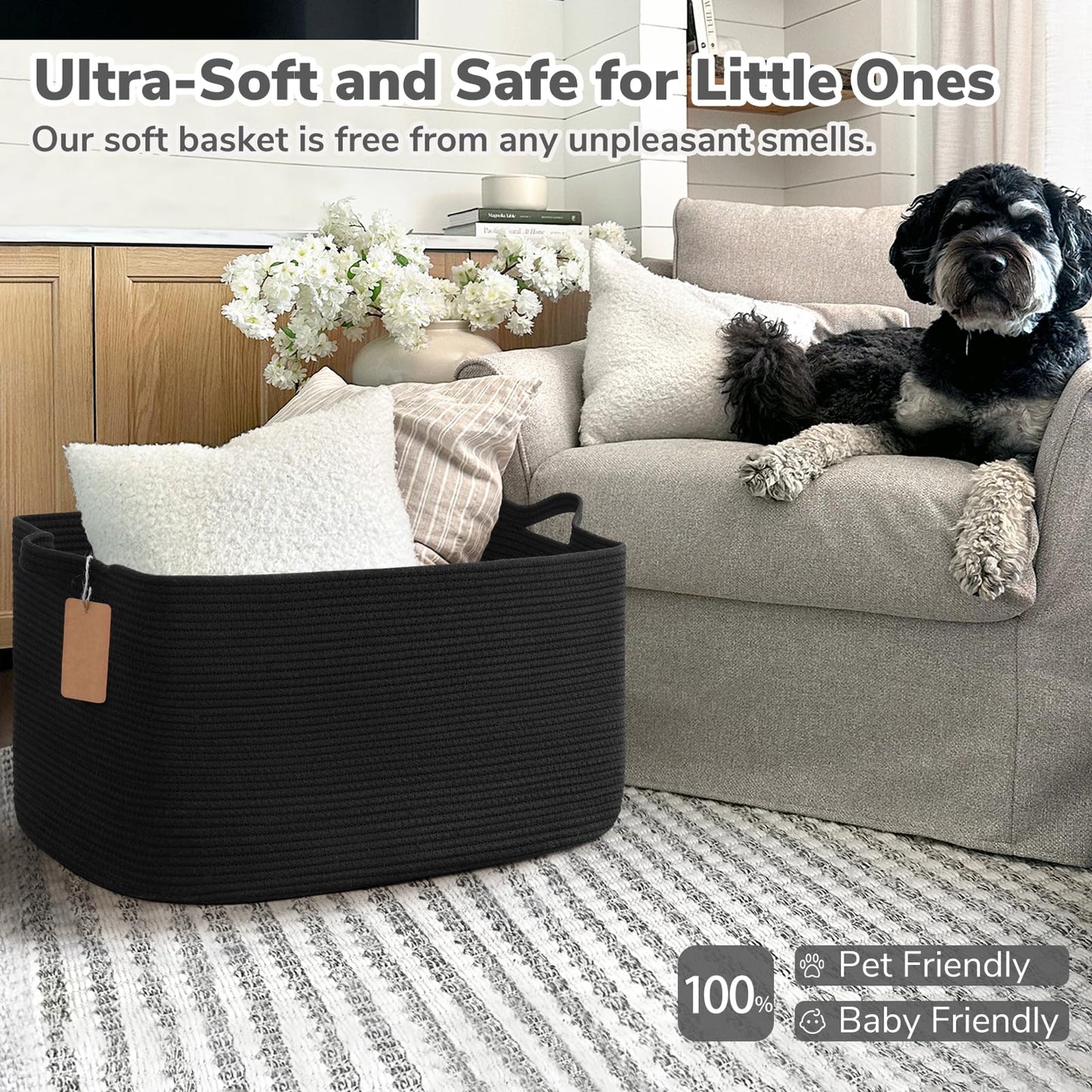 TIMEYARD 75L Large Woven Storage Basket Blanket Toy Storage Basket Black