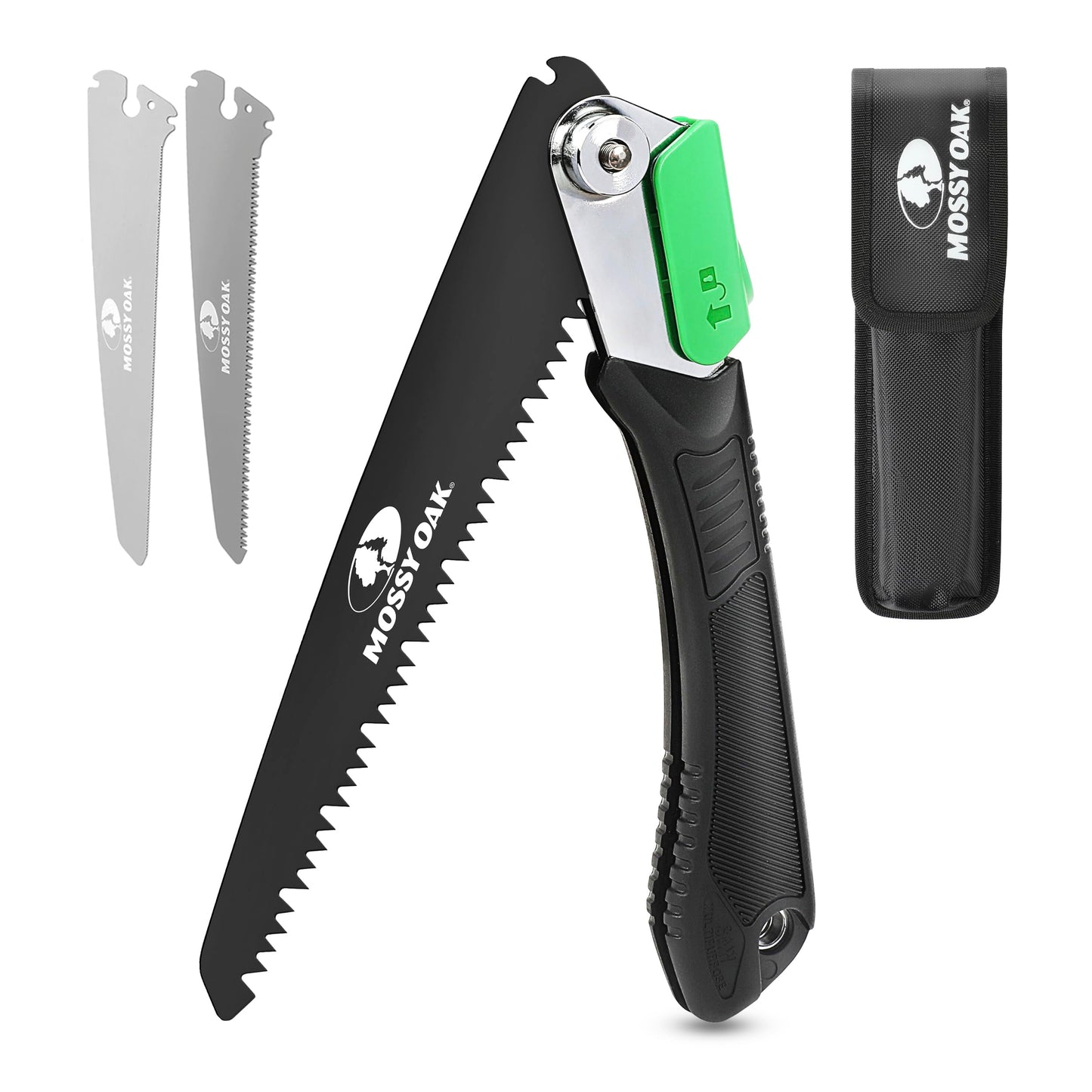Mossy Oak Pruning Saw, Folding Hand Saw with Secure Lock, 3 Blades Made of Cr-V and 65Mn, for Wood, Bone, PVC, Tree Pruning, Camping, Hunting,