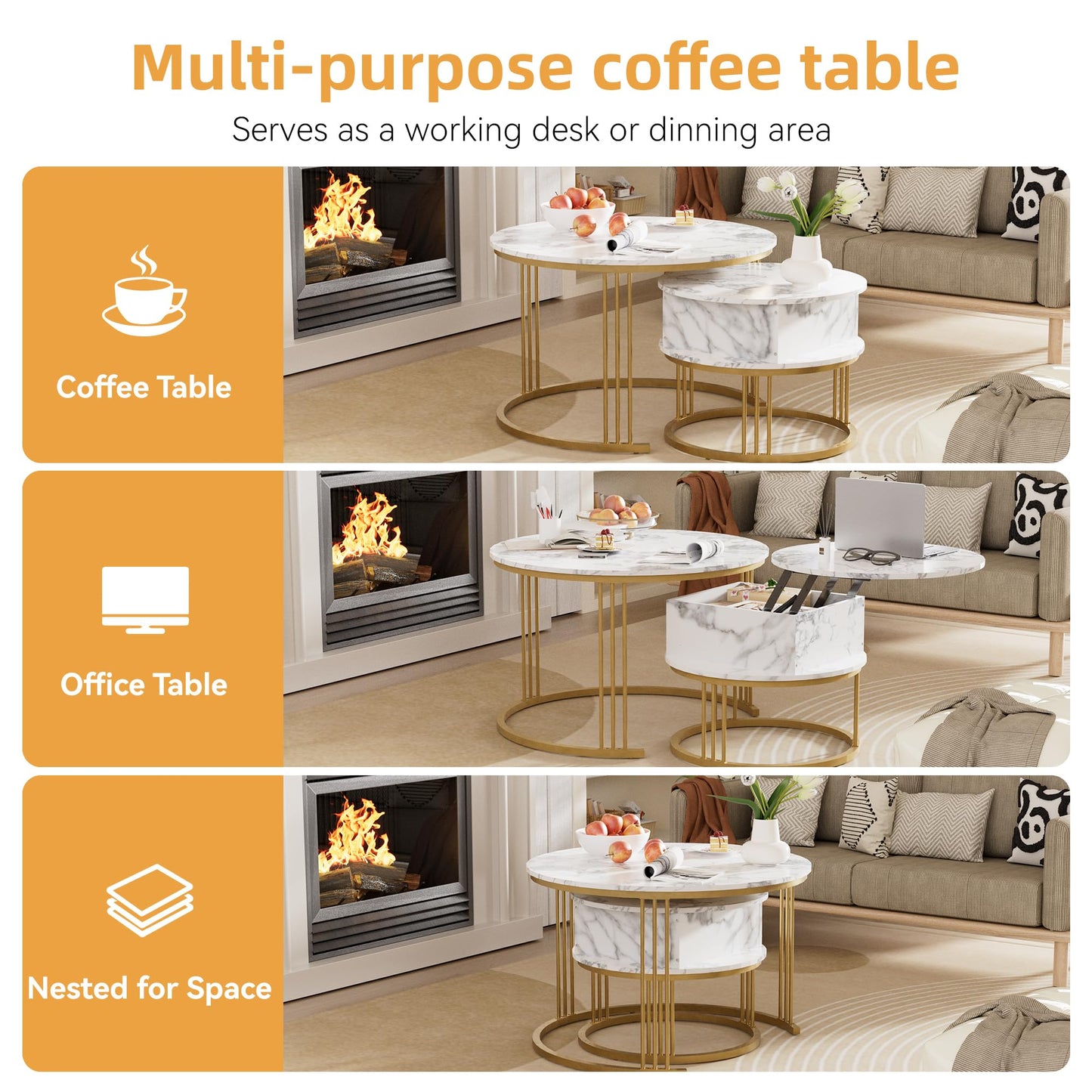PURFINO Round Coffee Table - 70cm/50cm Nesting Tables Set of 2, Hydraulic Lift-Top with Hidden Storage, Centre Table for Living Room, Small Space