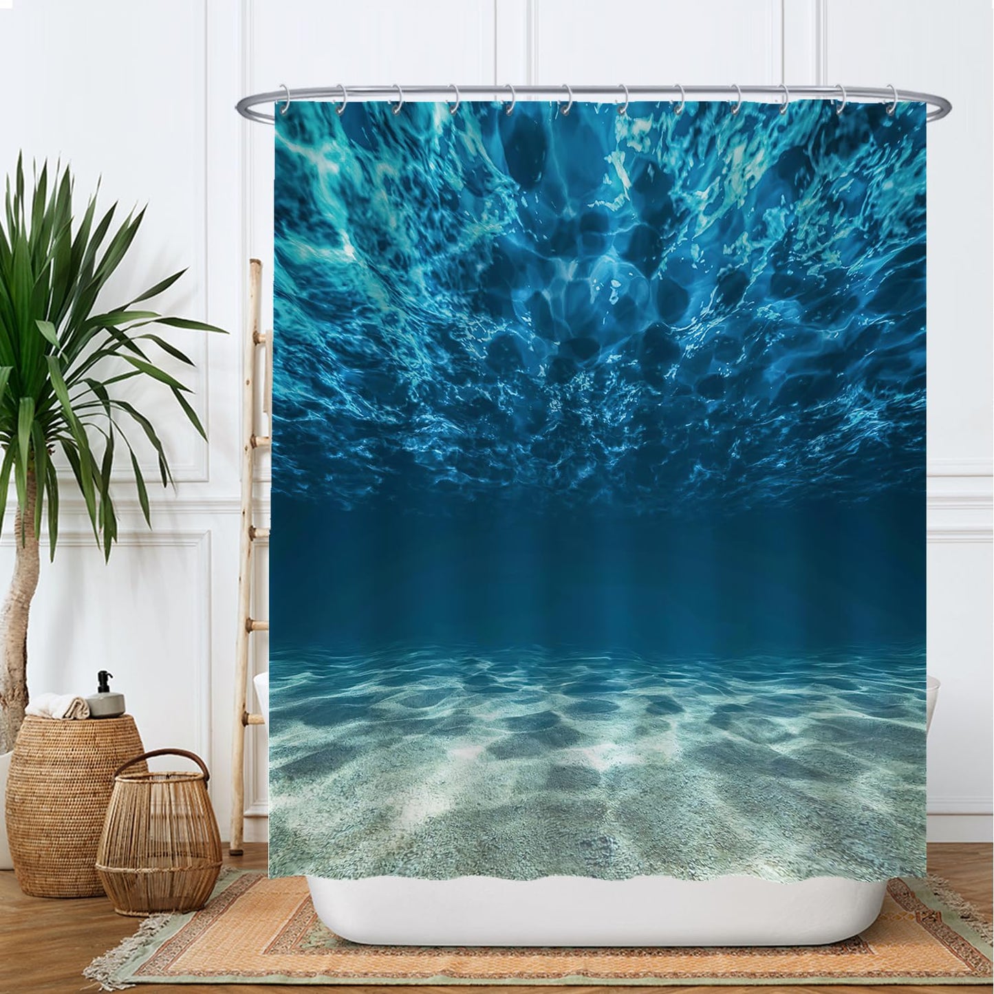 Ulticool Shower Curtain - Ocean Sea Quiet Diving Aquarium Beach Summer - Anti Mould - 180 x 200 cm - Washable - Waterproof - with 12 Rings - Blue