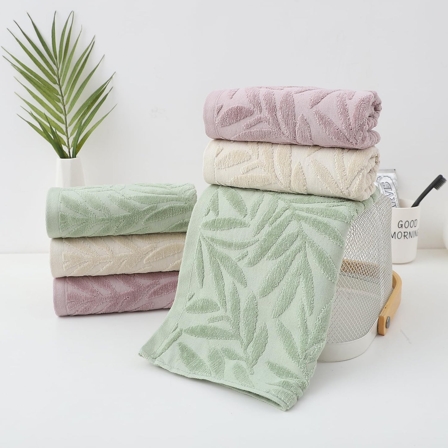 Pidada Hand Towels Set of 2 Leaf Pattern 100% Cotton Absorbent Soft Decorative Towel for Bathroom (Purple)