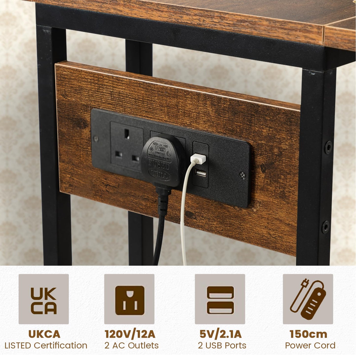 Hadulcet c shaped side table, sofa table with Charging Station & Foldable Tabletop, Laptop Table for Couch, C Table with Storage for Sofa