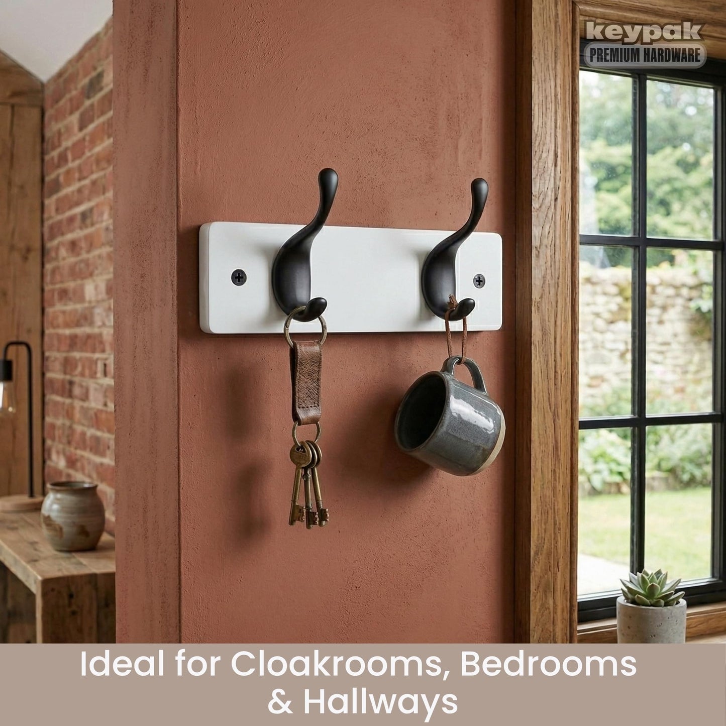 keypak 2 Matte Black Coat Hooks on White Wooden 22.5cm Board 3.4kg Per Hook