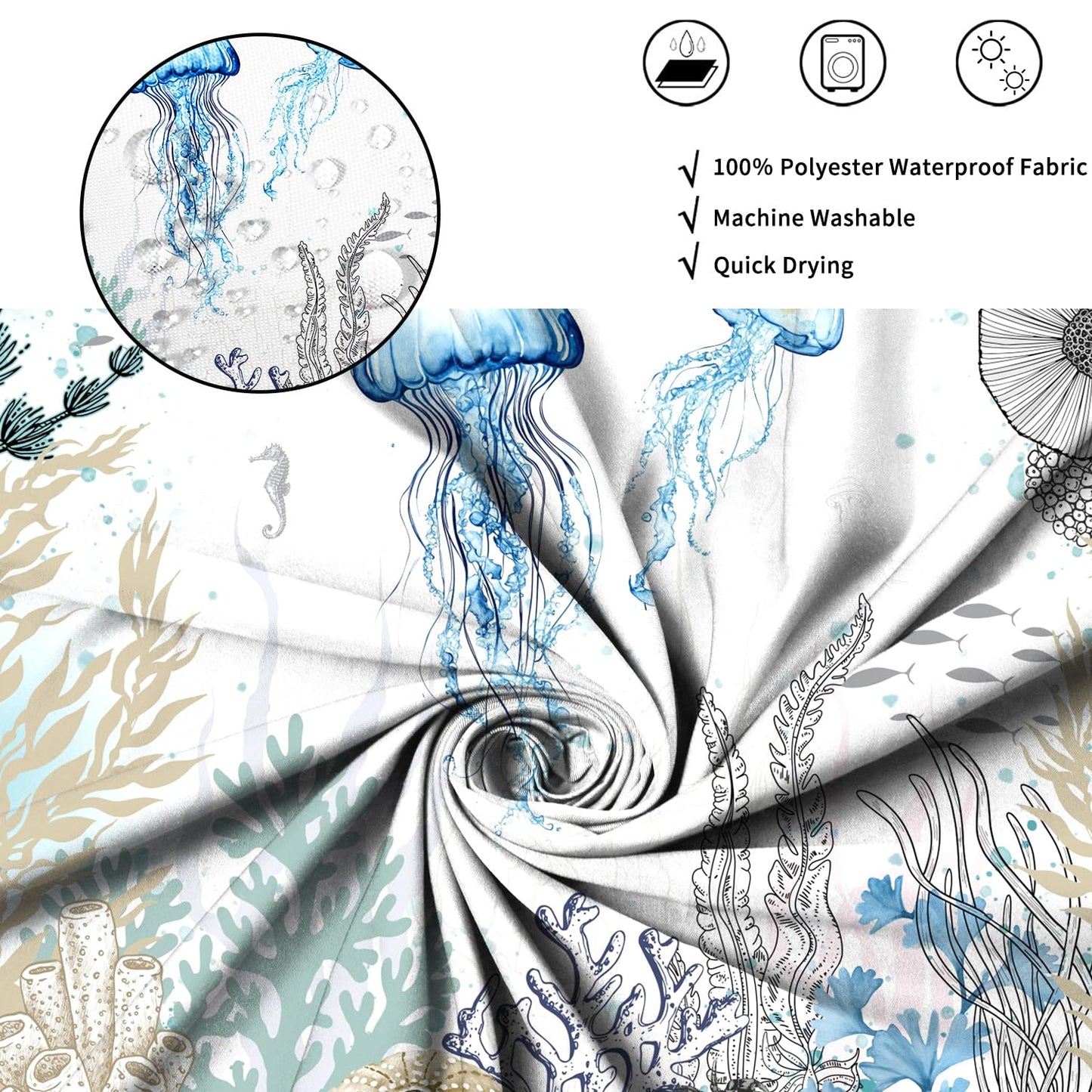 ASDCXZ Jellyfish Shower Curtain 180x200 cm, Watercolor Jellyfish Underwater Coral Summer Ocean Nautical Waterproof Bath Curtain Polyester Textile