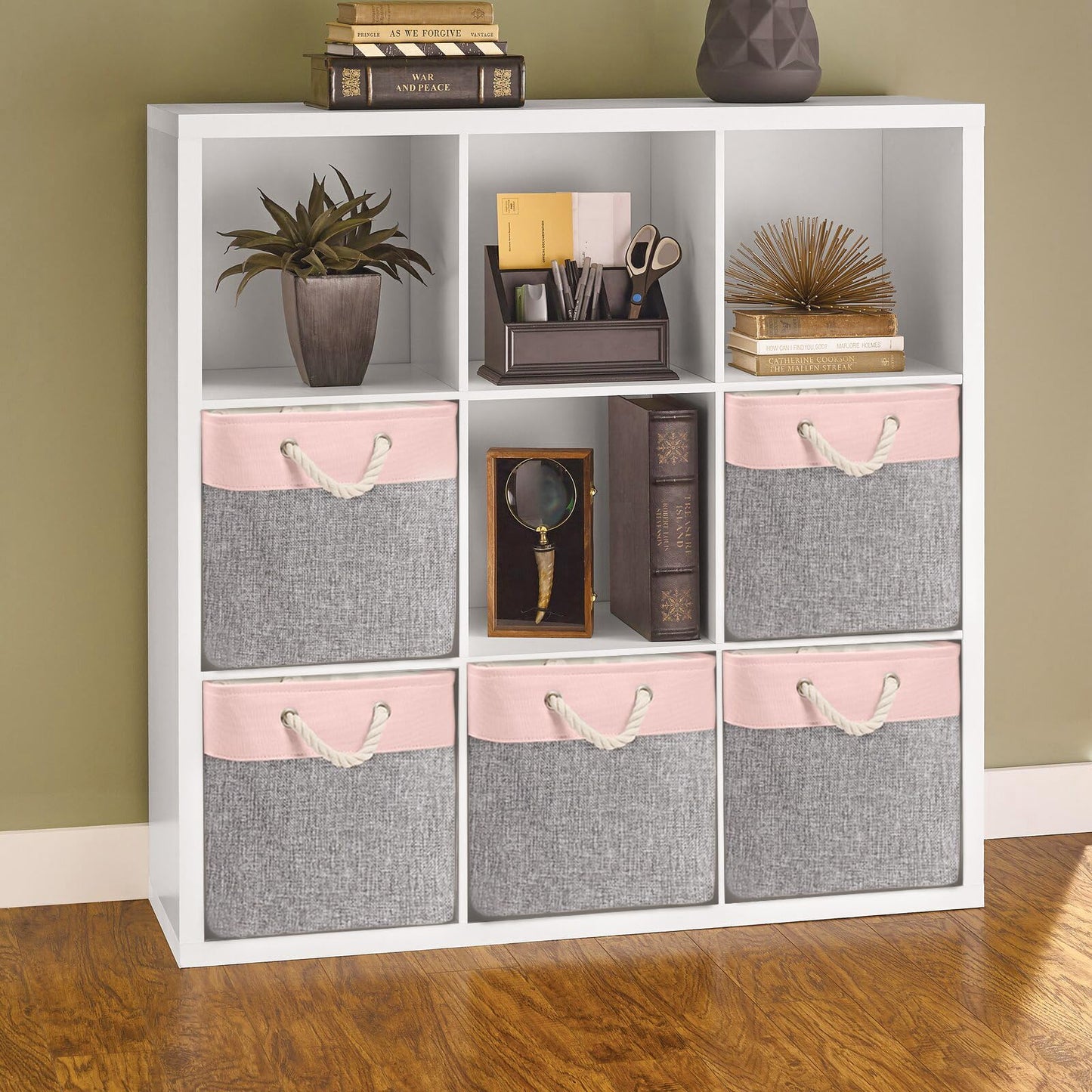 Mangata Fabric Storage Boxes, 33x33x33cm Cube Storage Unit Boxes Storage Baskets for Organizing Clothes Shelf Nursery Home Closet(Grey/Pink, Set of 4)