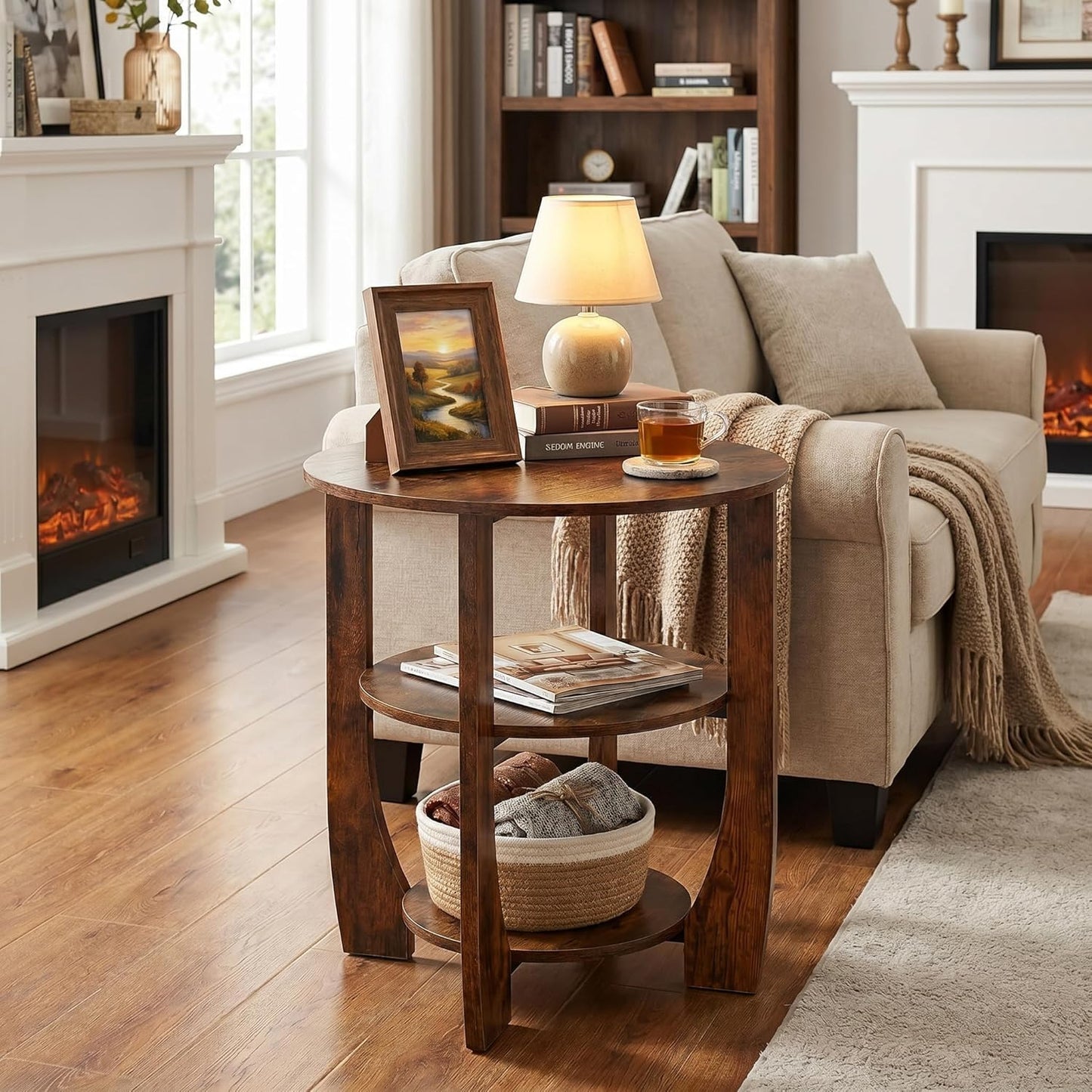 ZEXVIDA 3 Tier Round Side Table, Farmhouse Wood End Tables with Storage, Country Accent Small Sofa Bedside Table Coffee Table for Living Room Bedroom