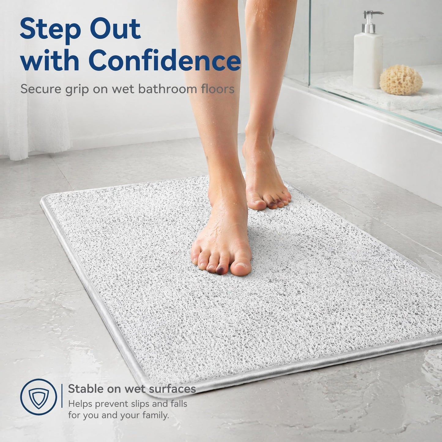 Muecleao Loofah Shower Mat, Non Slip Anti Mould Bath Mats with Reinforced Edge for Inside Shower, Washable Antibacterial Soft PVC Bath Mat with Drain