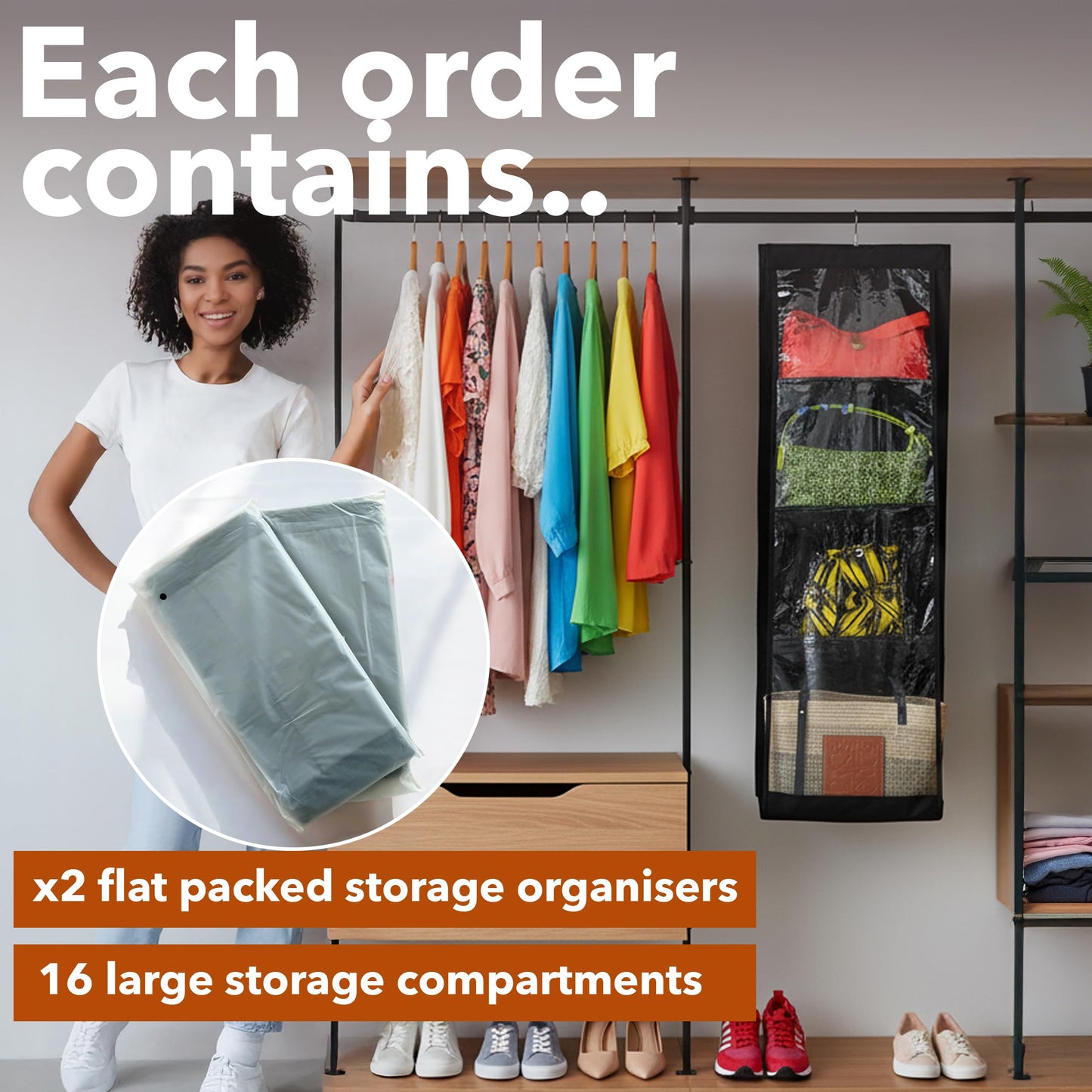 unel Hanging Handbag Storage Organiser (2 Pack), Each Hanger Holds 8 Bags for Wardrobes, Space Saving & Washable