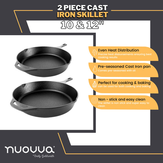 nuovva 2pcs Cast Iron Skillet Set Pre Seasoned Skillet Frying Pan Oven Safe Grill Cookware Set for Outdoor & Indoor Use (Chef Set 10-inch 25cm