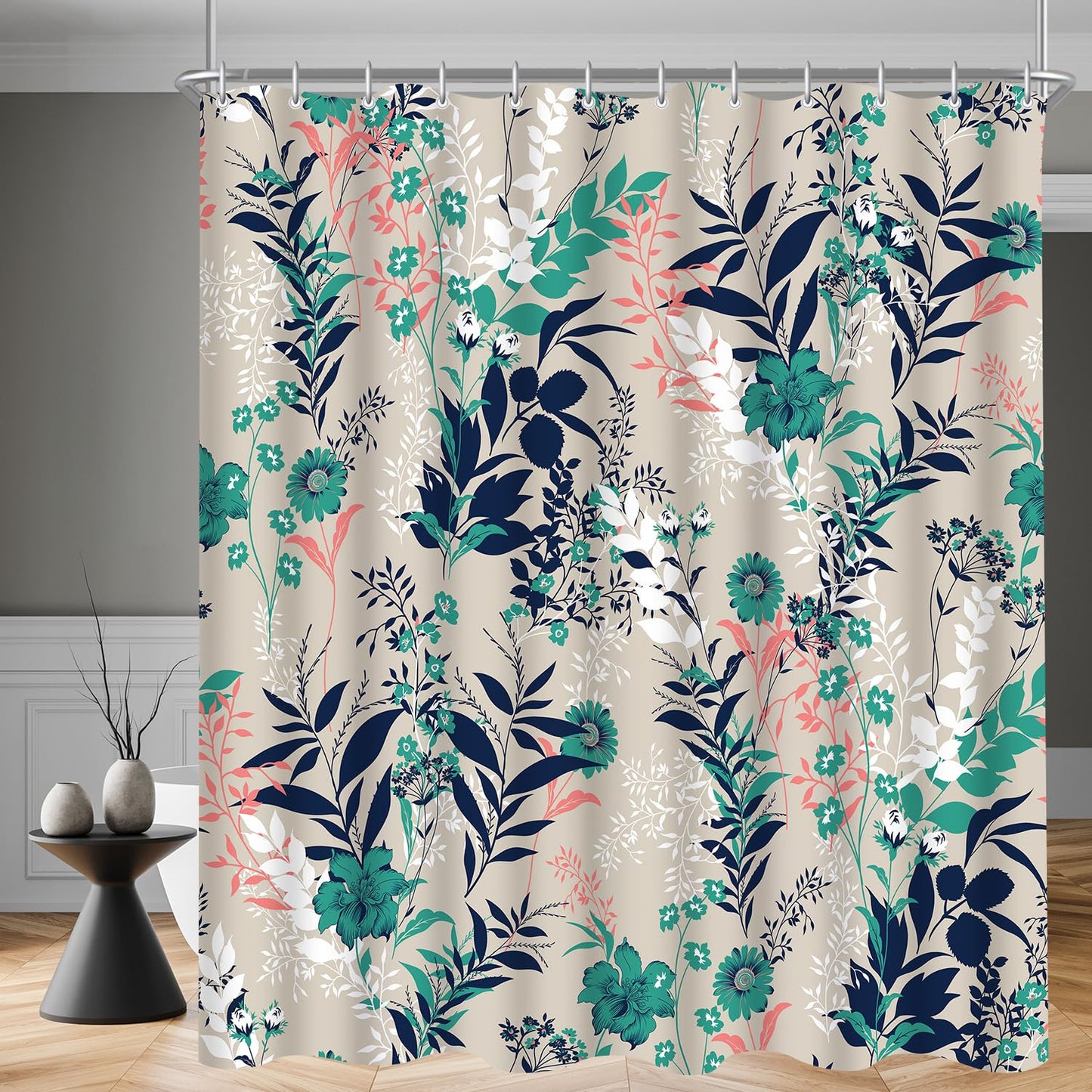 Lerores Shower Curtain, 120 x 200 cm, Blue Grass Flower Motif, Weighted Hem, Anti-Mould, Water-Repellent, Washable Polyester Bath Curtains with 12