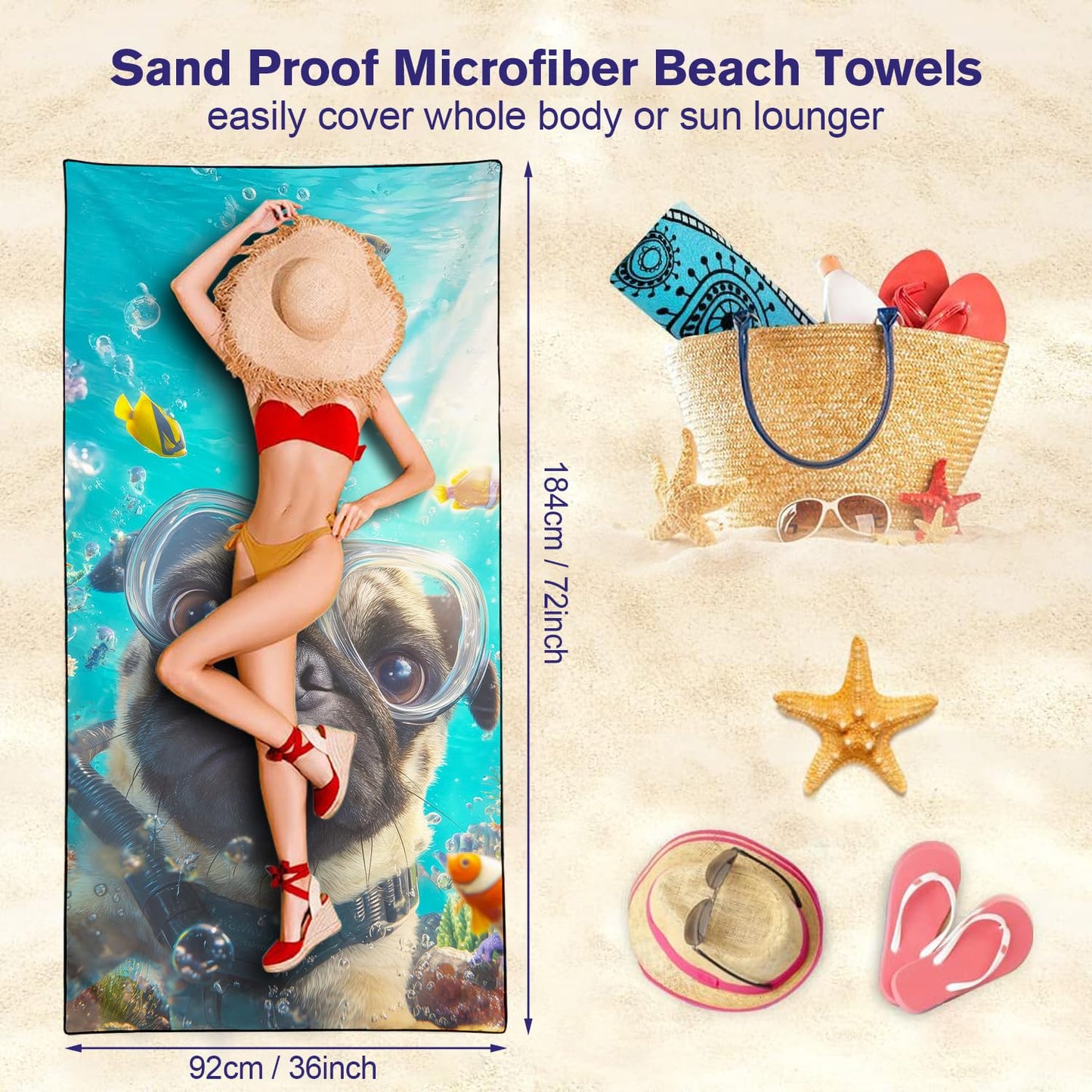 Violetpos Scuba Pug Group Beach Towel for Dog Lovers, Extra Large 180x90 cm 250GSM Microfibre, Sand Free Quick Dry