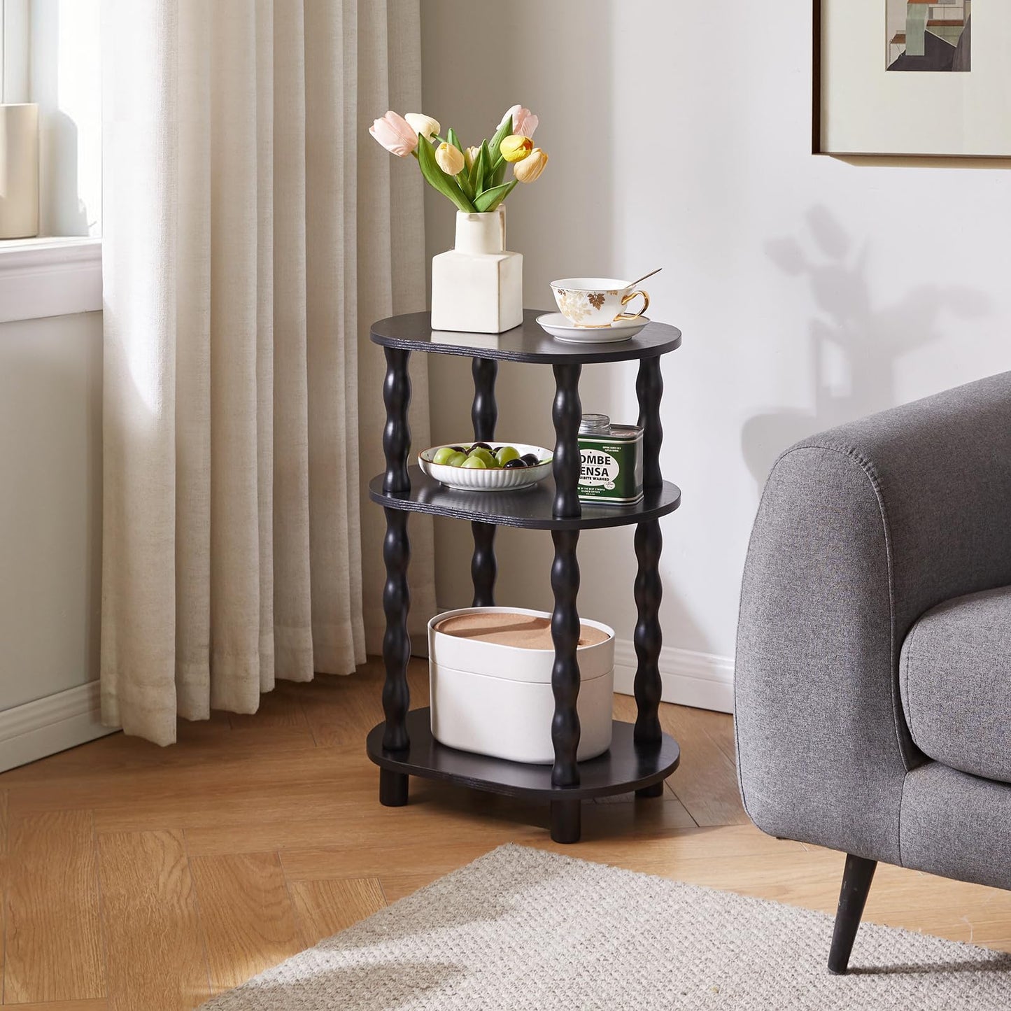 Aibiju 3 Tier Oval Side Table with Storage, Narrow End Table with Solid Wood Legs, Bedside Table Nightstand for Small Spaces, Bedroom, Living Room