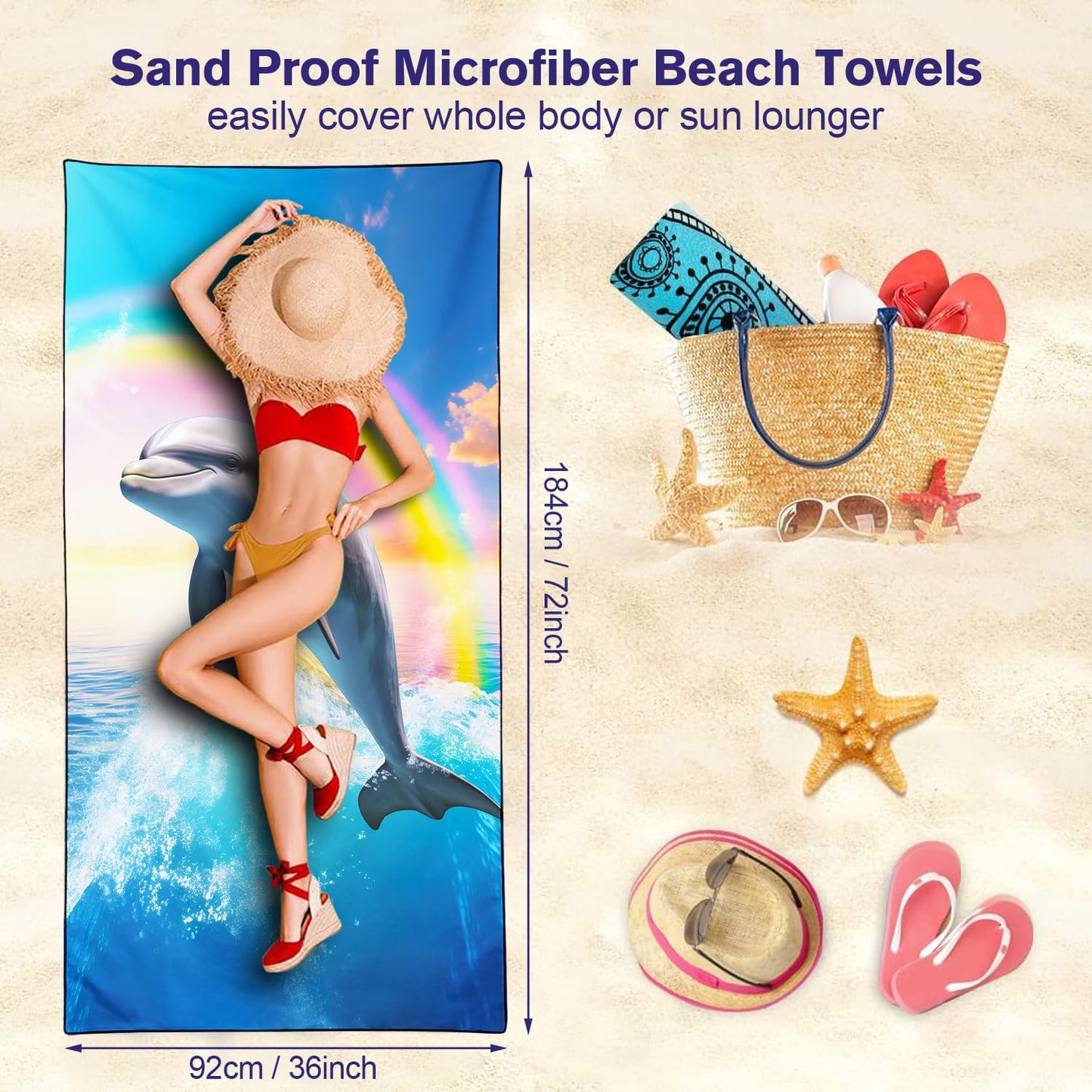 Violetpos Rainbow Dolphin Beach Towel, Extra Large 180x90 cm 250GSM Microfibre, Sand Free Quick Dry