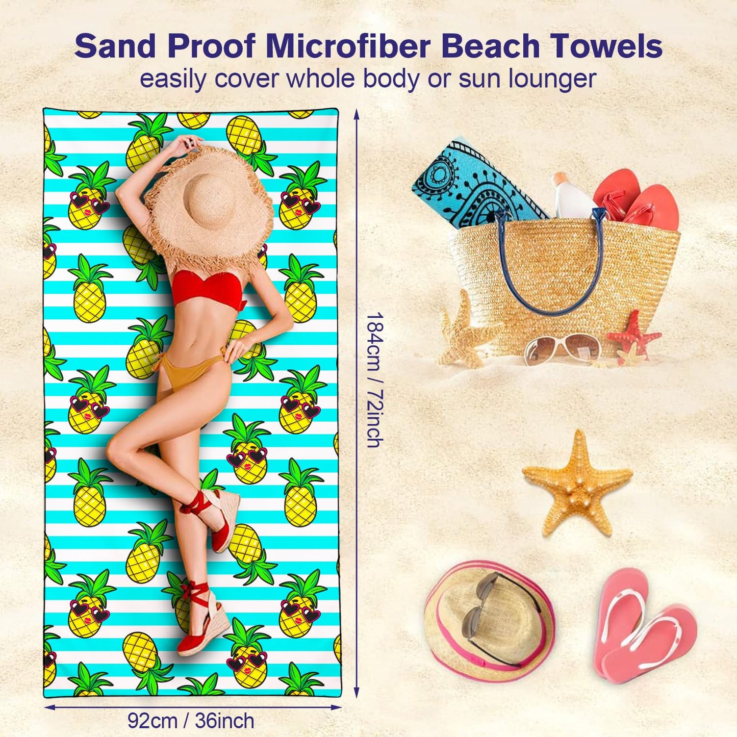 Violetpos Sunglasses Pineapple Stripe Beach Towel, Extra Large 180x90 cm 250GSM Microfibre, Sand Free Quick Dry