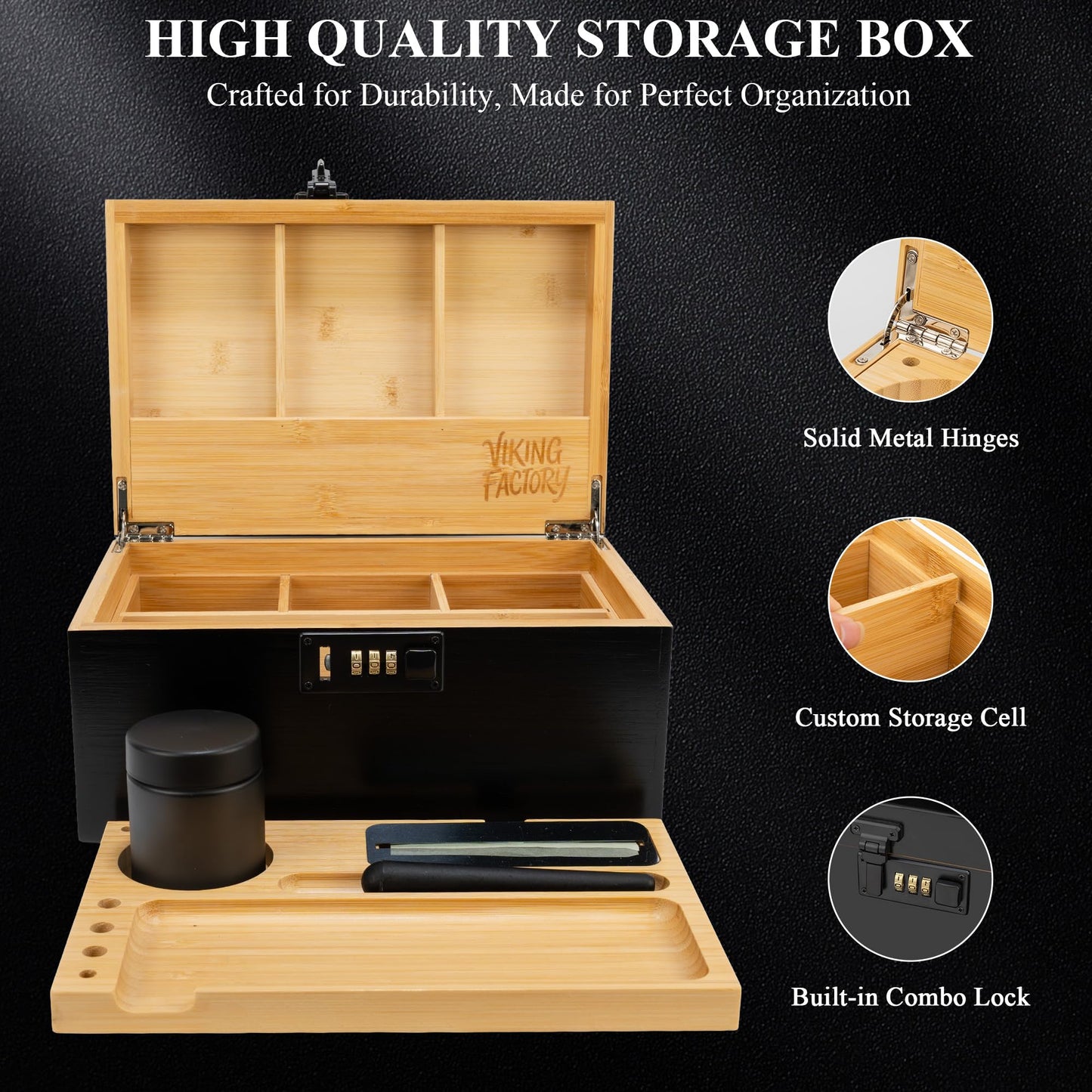 Viking Factory Large Lockable Bamboo Storage Box with Removable Tray and Combination Lock, 19-Piece Wooden Organizer Set with Jars