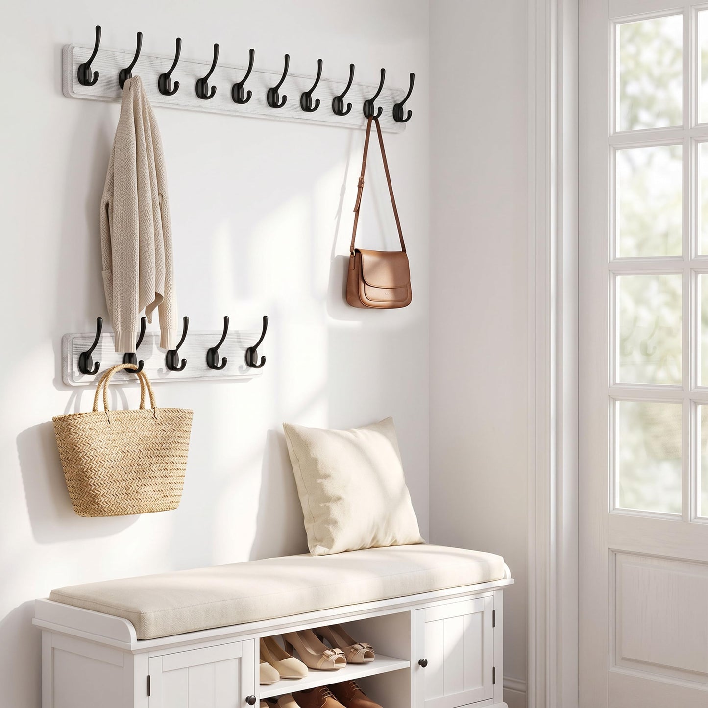 WEBI Coat Rack Wall Mounted,Coat Hooks Wall Mounted,Coat Hanger Wall Wood,5 Hooks for Hanging Coats,Jacket,Clothes,Black on White