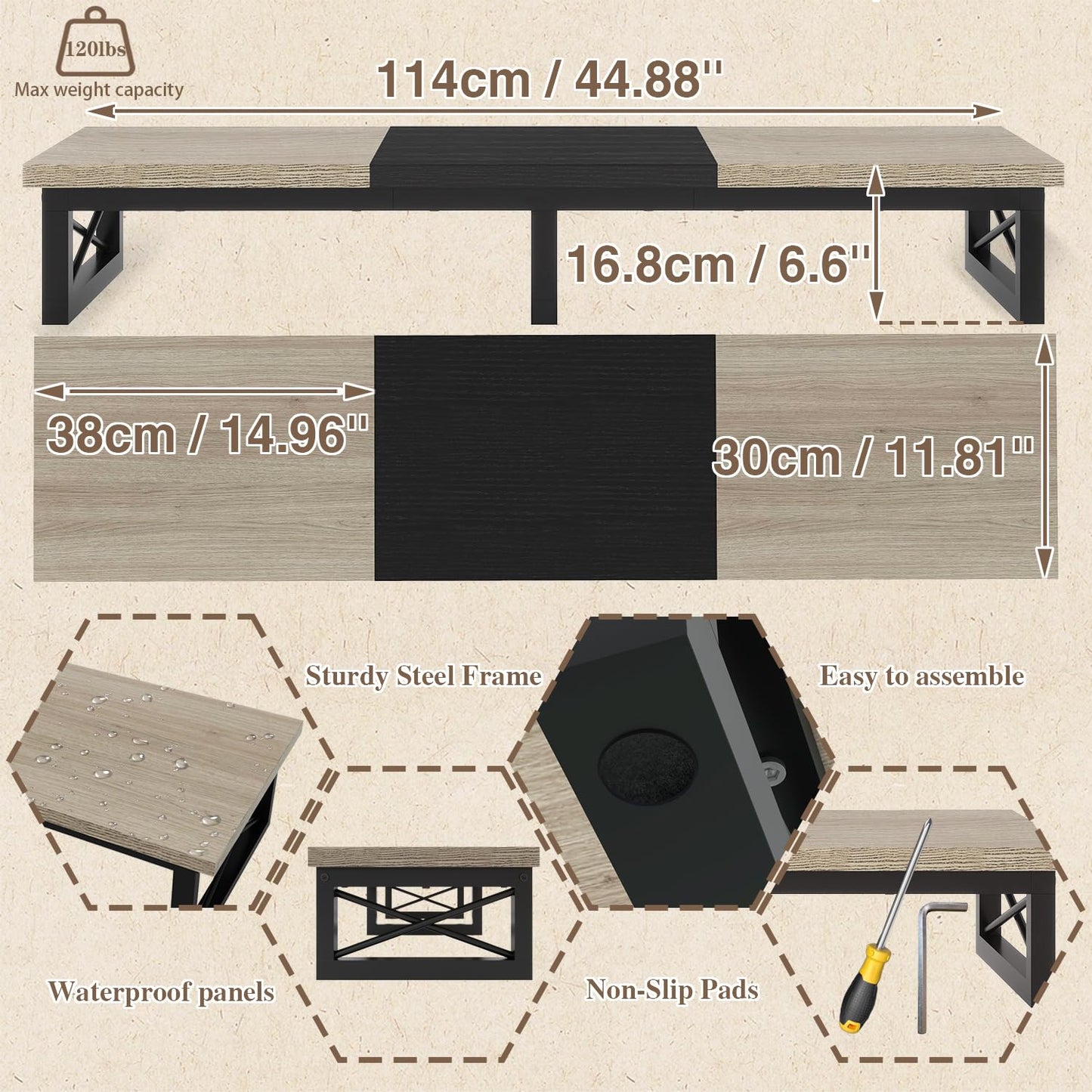 IBUYKE 45" Large TV Riser for 32-60 inch TV,Tabletop Short TV Stand with Storage and Steel Legs,Dual Screen Office Desk,Stand Riser,TV Riser Stand