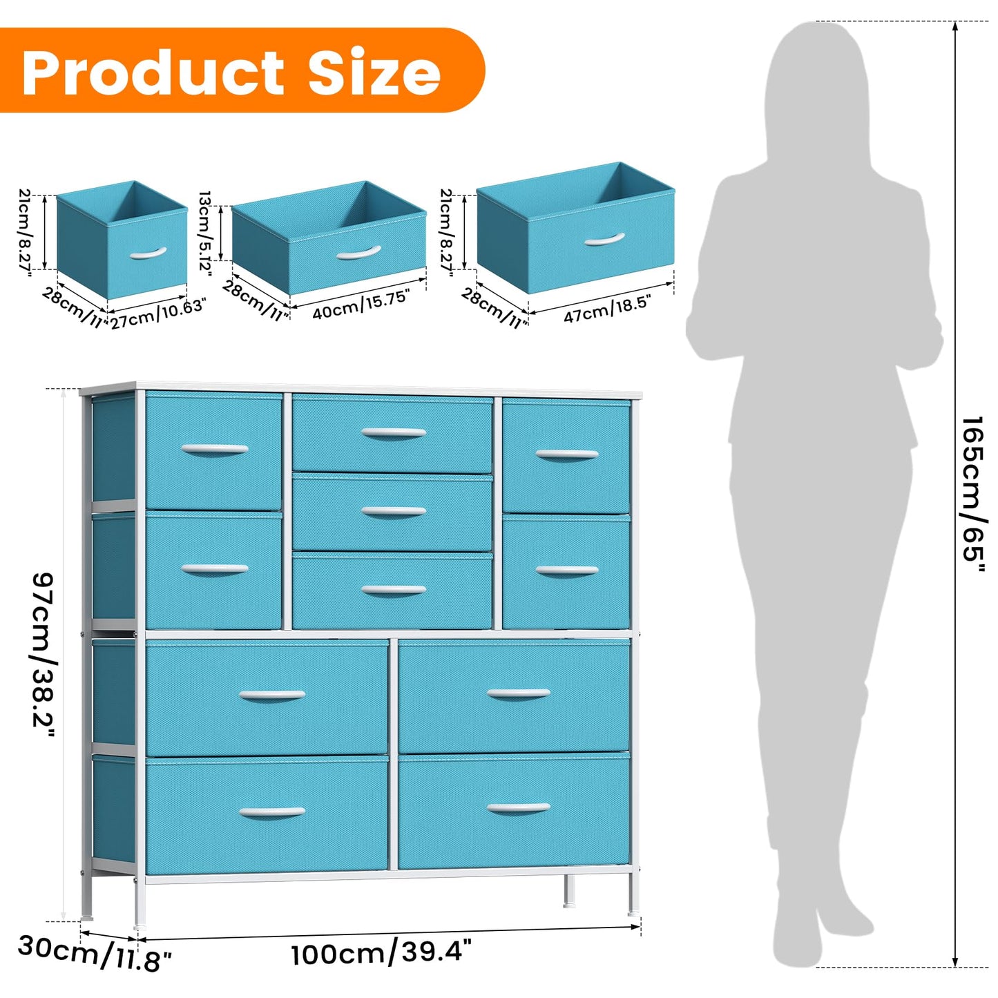 GoaHi Chest of Drawers, Large Dressers with Metal Frame and MDF Wooden Top Board, Adjustable Feet, Anti-Tip Safety