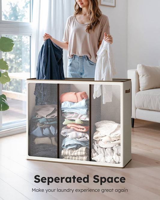 SOLEDI Laundry Basket 3 Compartment with lid and 3 Pcs Laundry Bag Large Hamper 180L, Laundry Basket Laundry sorter Clothes hamper for Laundryroom