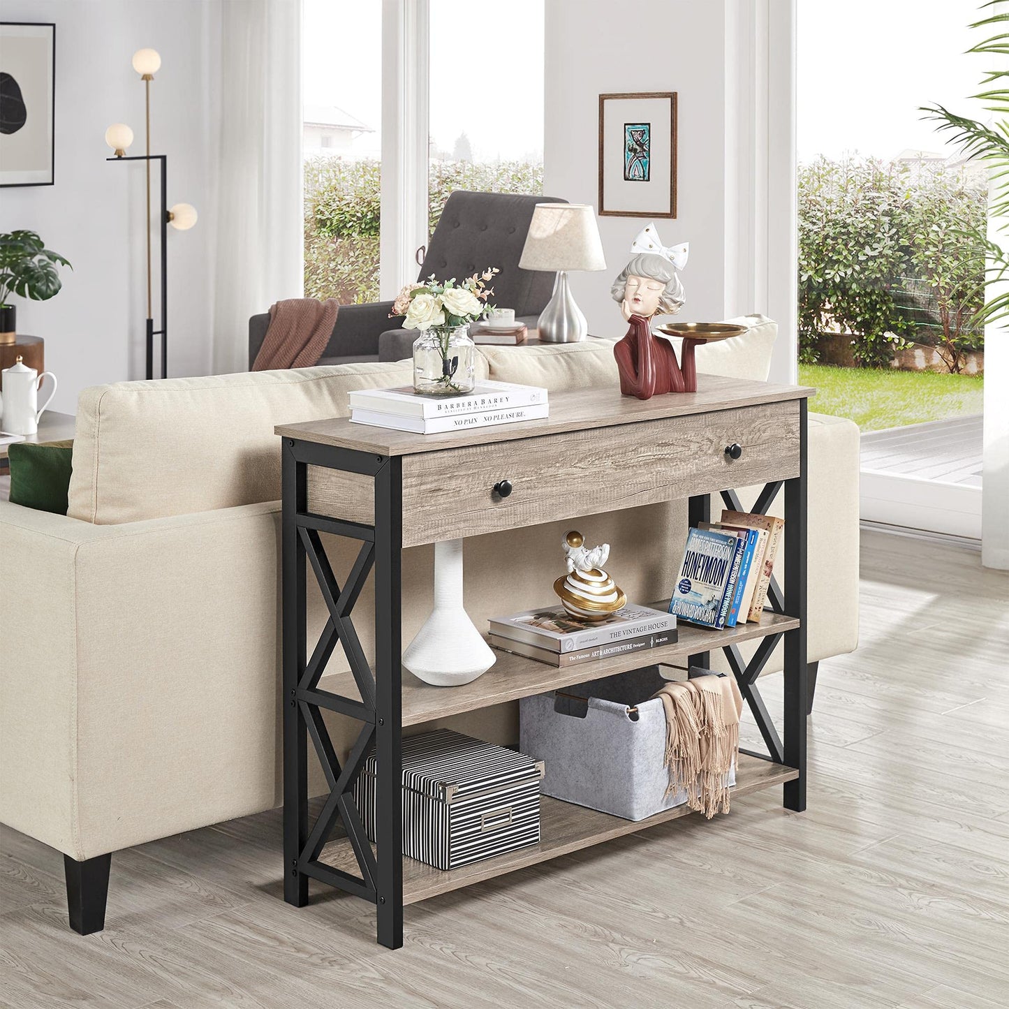 Yaheetech Console Table, Drawer & Shelves, 100 × 29.5 × 81 cm, Grey