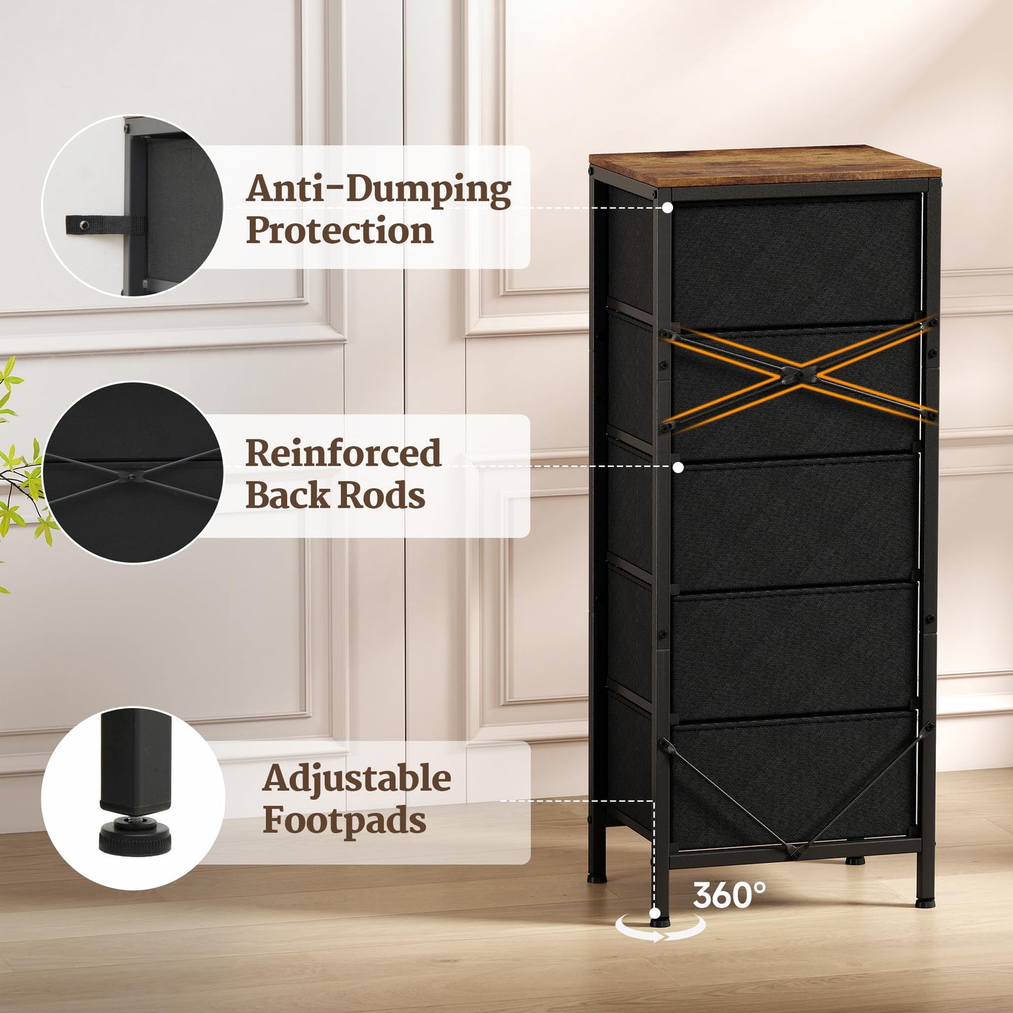 Suuiwau Tall Chest of Drawers, 5 Fabric Drawer Storage Unit with Wood Top