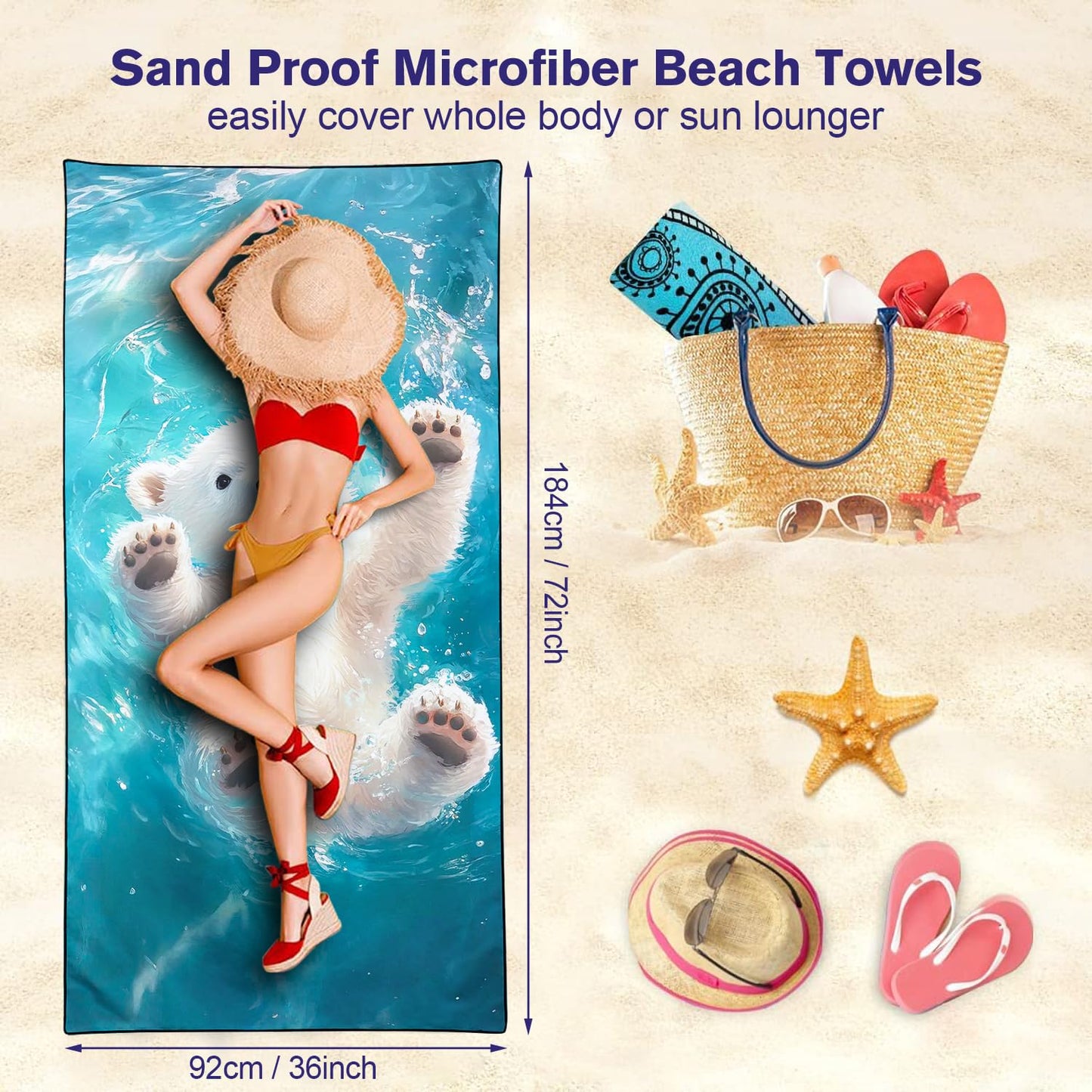 Violetpos Polar Bear Cub Beach Towel, Extra Large 180x90 cm 250GSM Microfibre, Sand Free Quick Dry
