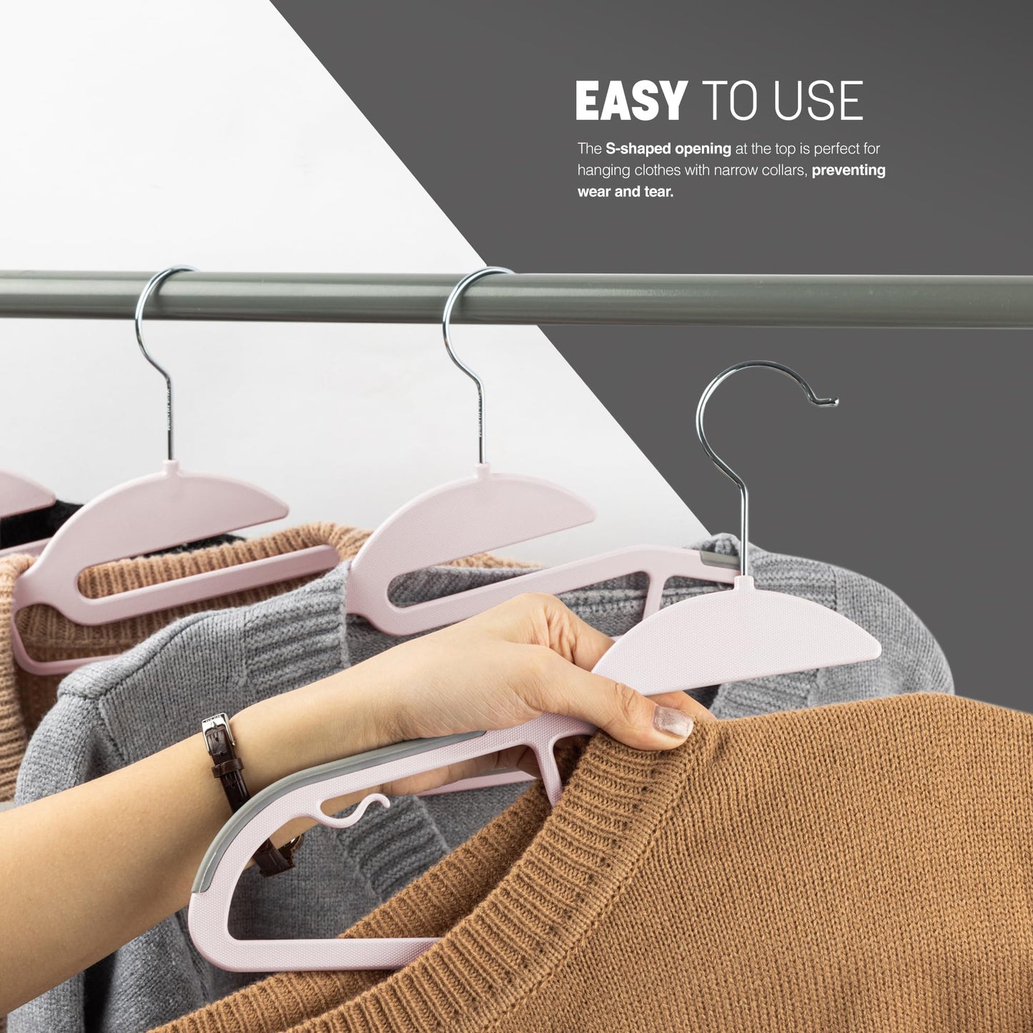 KEPLIN 20-Pack Non-Slip Hangers, Durable, Slimline Design for Space Saving with 360° Swivel, Tie Organiser, Strap Hooks, and S-Shape Opening (Blush)