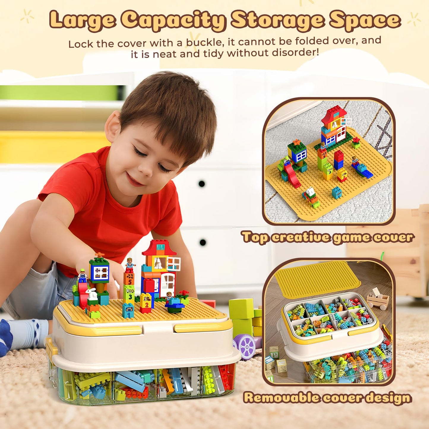 Focenat Stackable Brick Storage Box with Puzzle Compartments, 3 Tier Clear Plastic Container with Lids