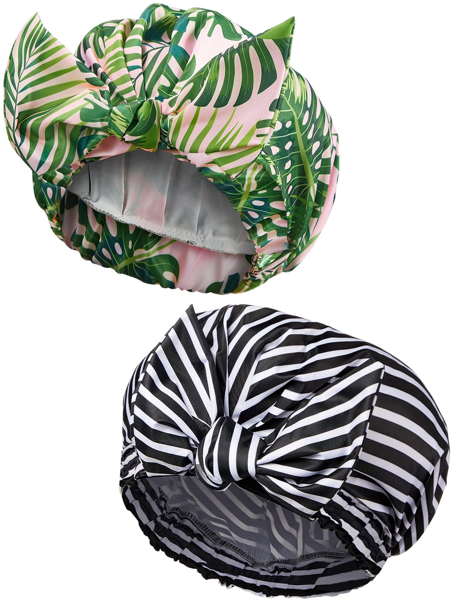2 Pieces Shower Caps for Women, Waterproof Reusable Shower Hair Caps Elastic Hem Turban Shower Bath Caps for Long, Short and Curly Hair for Women
