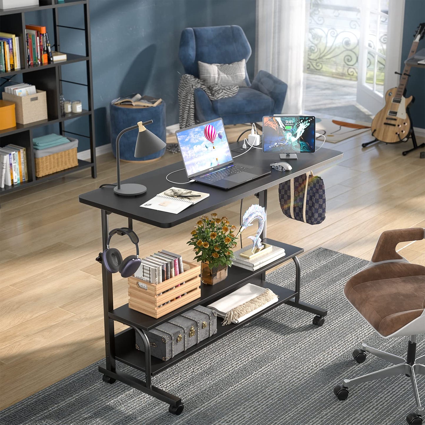 iSunirm Standing Desk with Power Outlets & USB, Height Adjustable Desk (70-104cm) on Wheels, Small Portable Computer Desk for Home Office