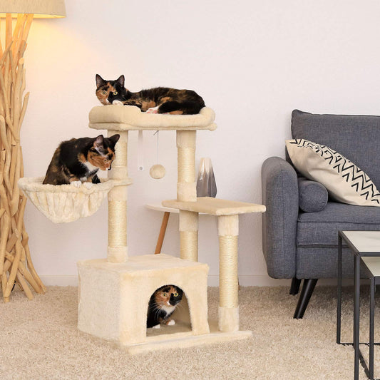lionto Cat Scratching Post with Plush Ball and Lounger Height 85 cm Cat Tree with Sisal & Plush, Cosy Lying Surface & Cave, Includes Wall Bracket,