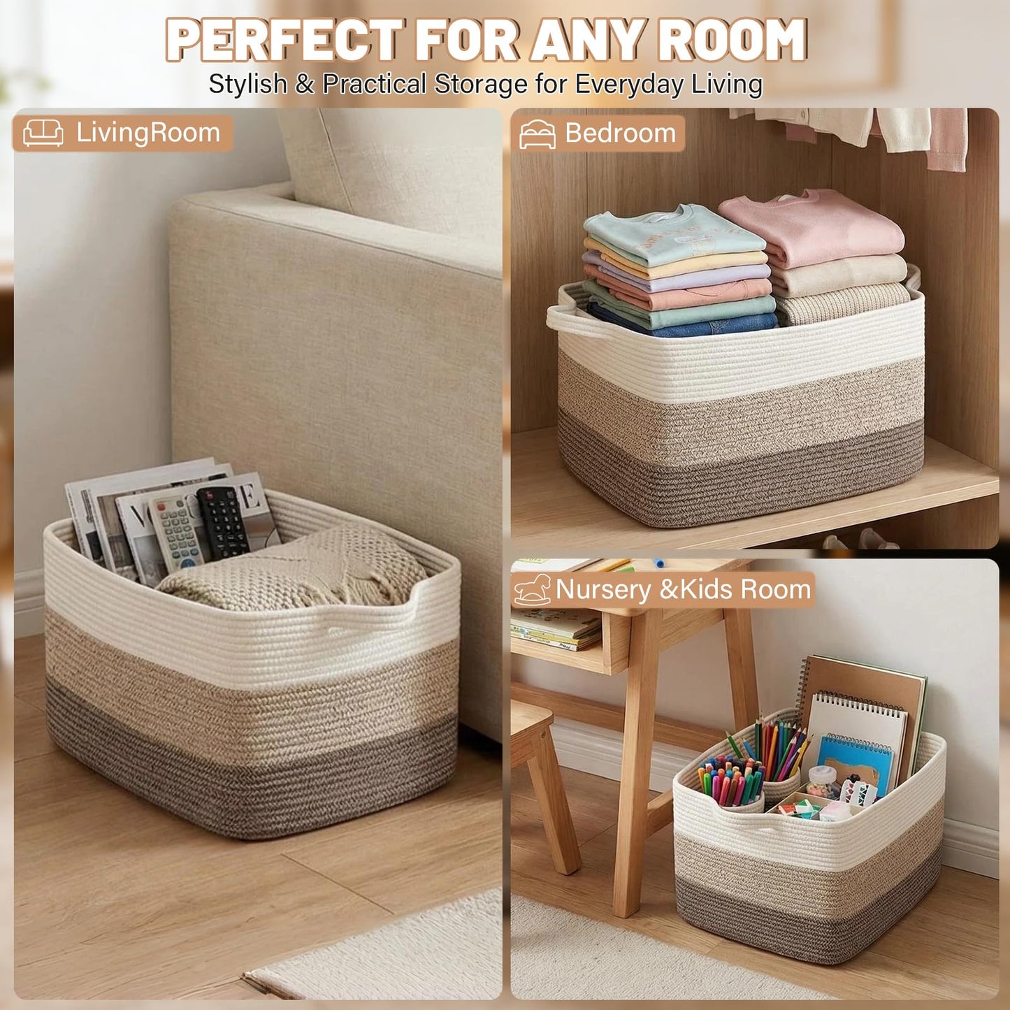 FANGCCC Large Storage Basket 55 x 43 x 30.5 cm, Cotton Rope Blanket Basket with Handles, Woven Storage Basket for Laundry, Clothes and Toy Storage