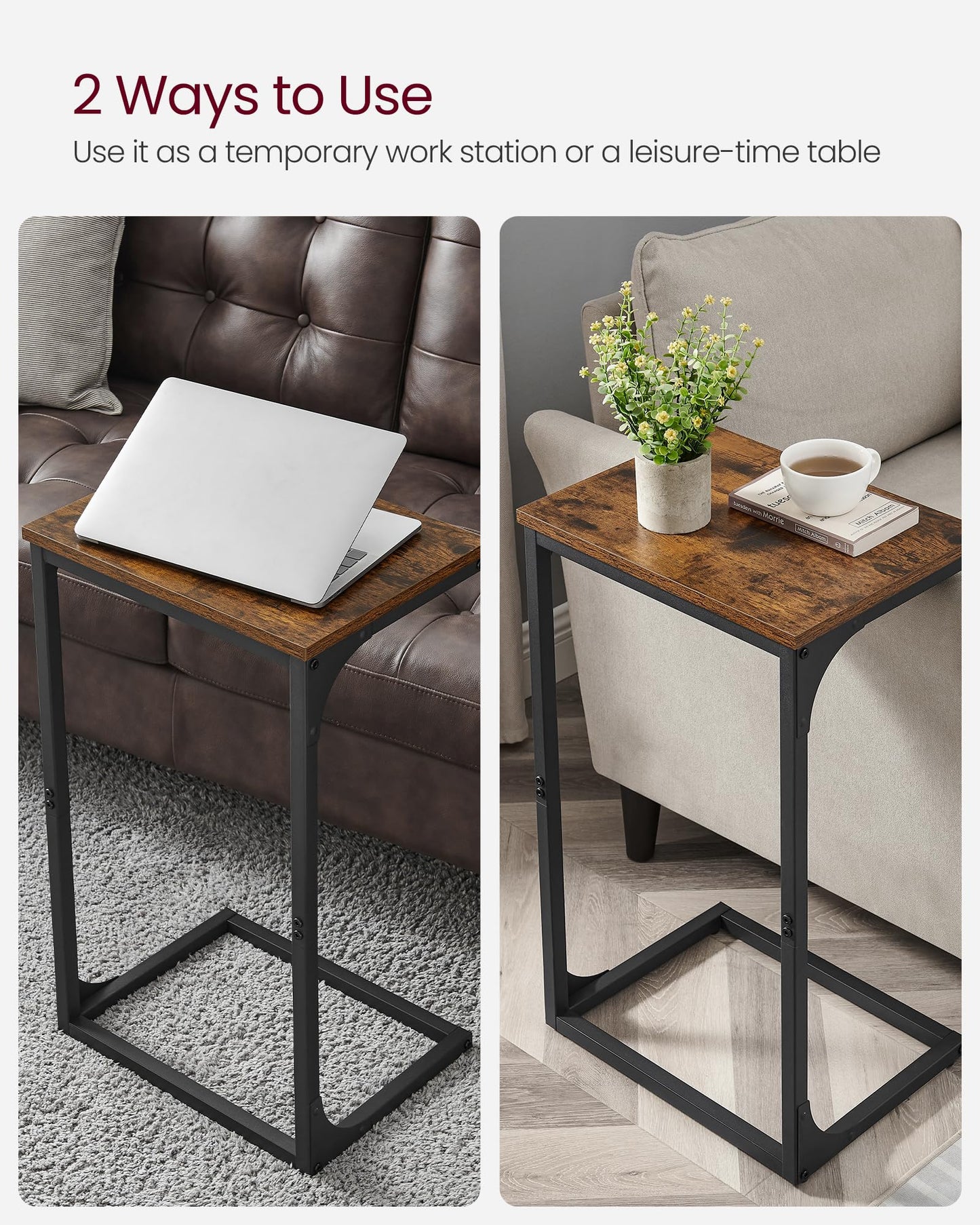 VASAGLE C-Shaped Side Table, Bedside Table, Sofa Side Table, with Metal Frame, Industrial, for Living Room, Bedroom, Rustic Brown and Black LET353B01