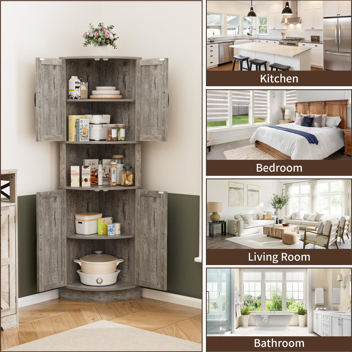 BonVache 165cm Tall Corner Storage Cabinet with Barn Doors, 5-Tier Farmhouse Corner Cabinet for Living Room, 4 Wooden Doors and 5 Shelves