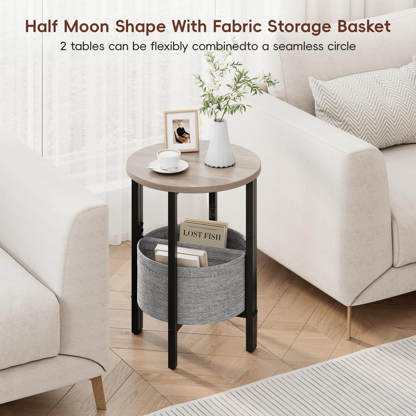 Vagusicc Side Table, Round End Table with Fabric Basket, Small Coffee Table, Set of 2 Half Moon Entry Table, Accent Table Bedside Table