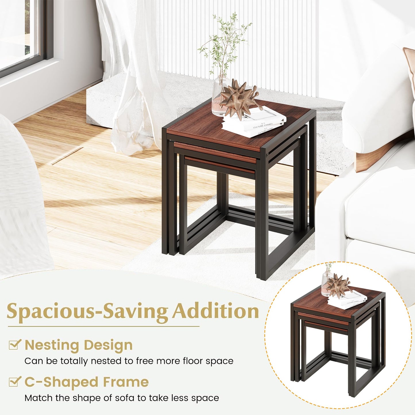 DUMEE Nesting Coffee Tables Set of 3,Sofa End Tables,Nest of Tables Walnut