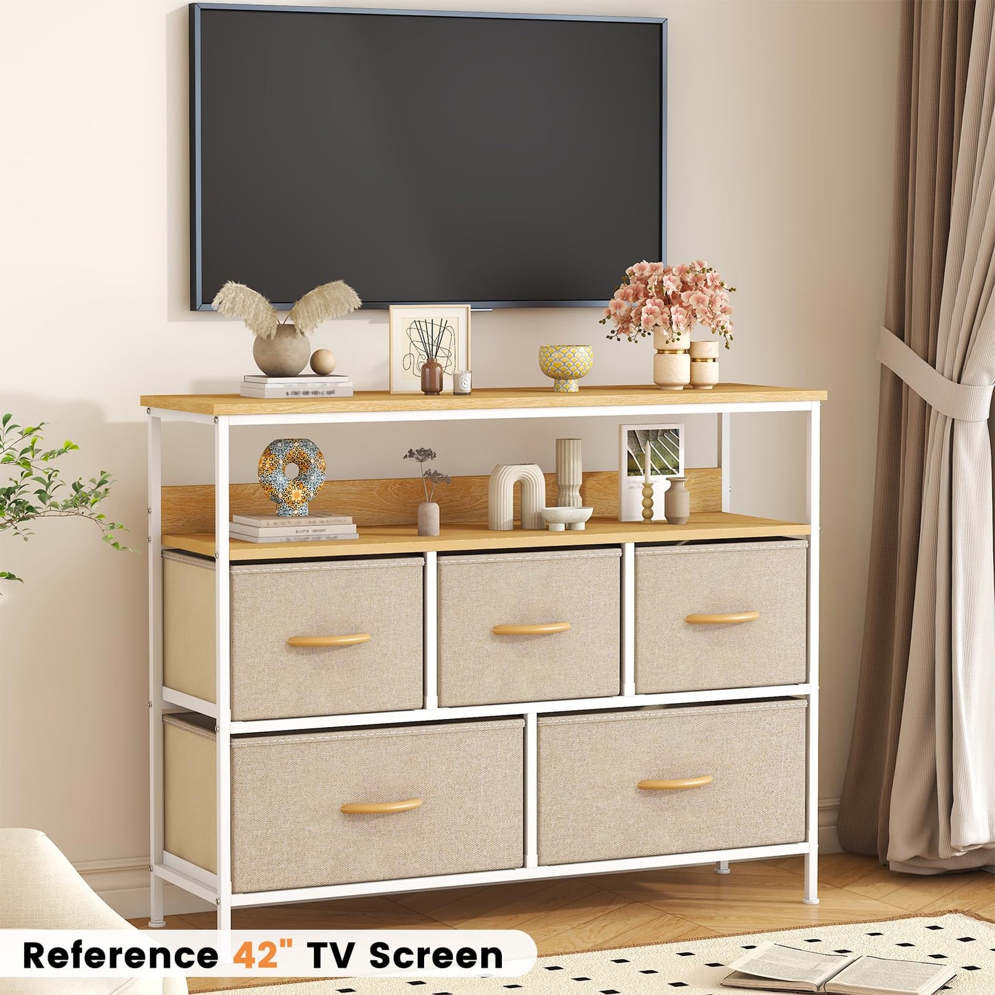 Feonase Chest of Drawers, 5 Drawers Dresser with TV Stand, Metal Frame and MDF Top Board, Adjustable Feet, Storage Unit Ideal for Bedroom