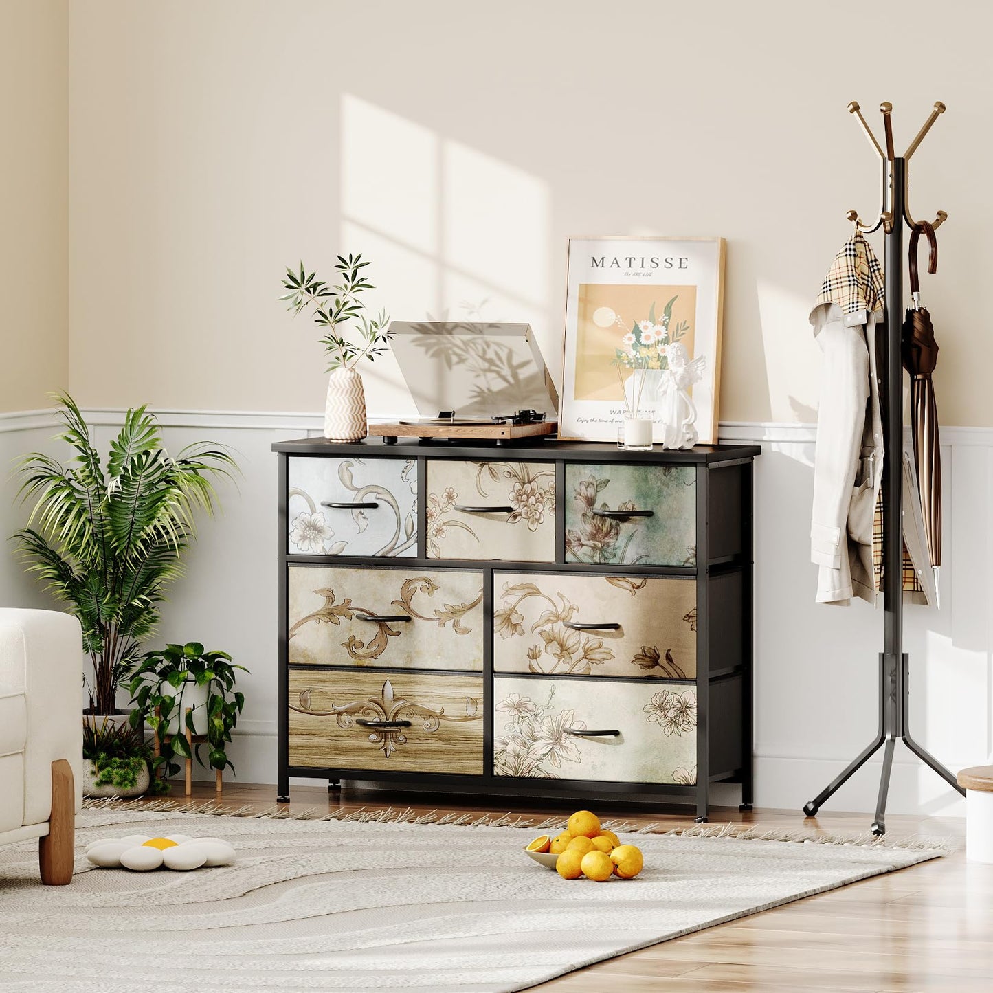 COTUBLR Chest of Drawers with 7 Drawers Tall Dresser for Bedroom Retro Floral Pattern Clothes Storage Organiser Unit for Living Room Entryway Closet