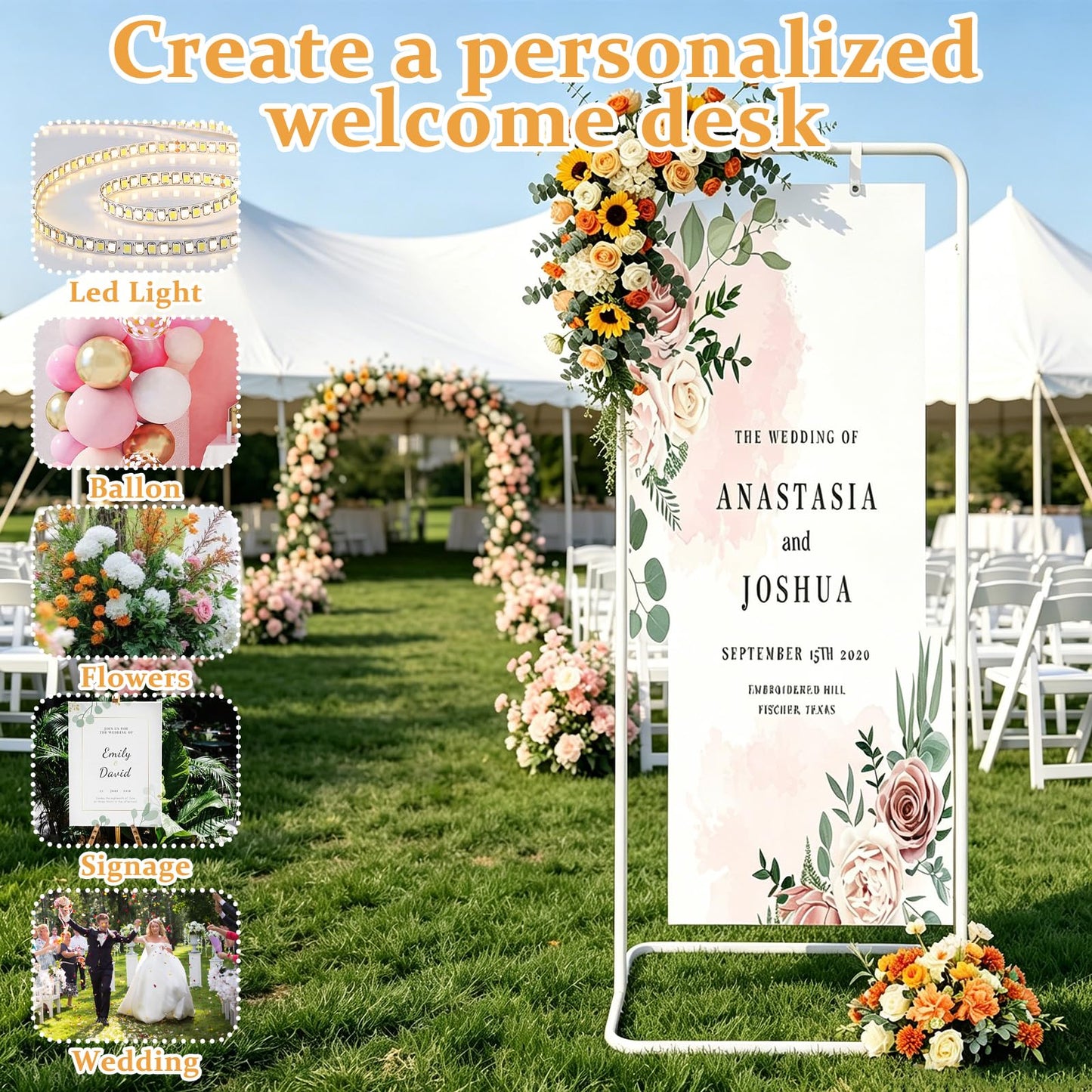 YEXEXINM Wedding Sign Holder Adjustable Height Black Metal Welcome Sign Stand with 4 Leather Hanging Straps Heavy Duty Easel Stand for Seating Charts