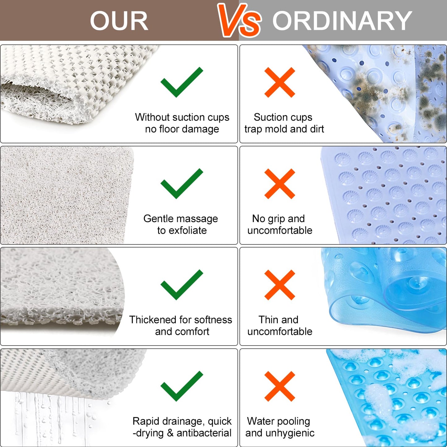 KAZOLEN Shower Mat Non Slip Anti Mould: Bath Mats for Inside Bath- 80 x 40 cm Anti Slip Shower Mats for Inside Shower- Loofah Shower Mat White Long