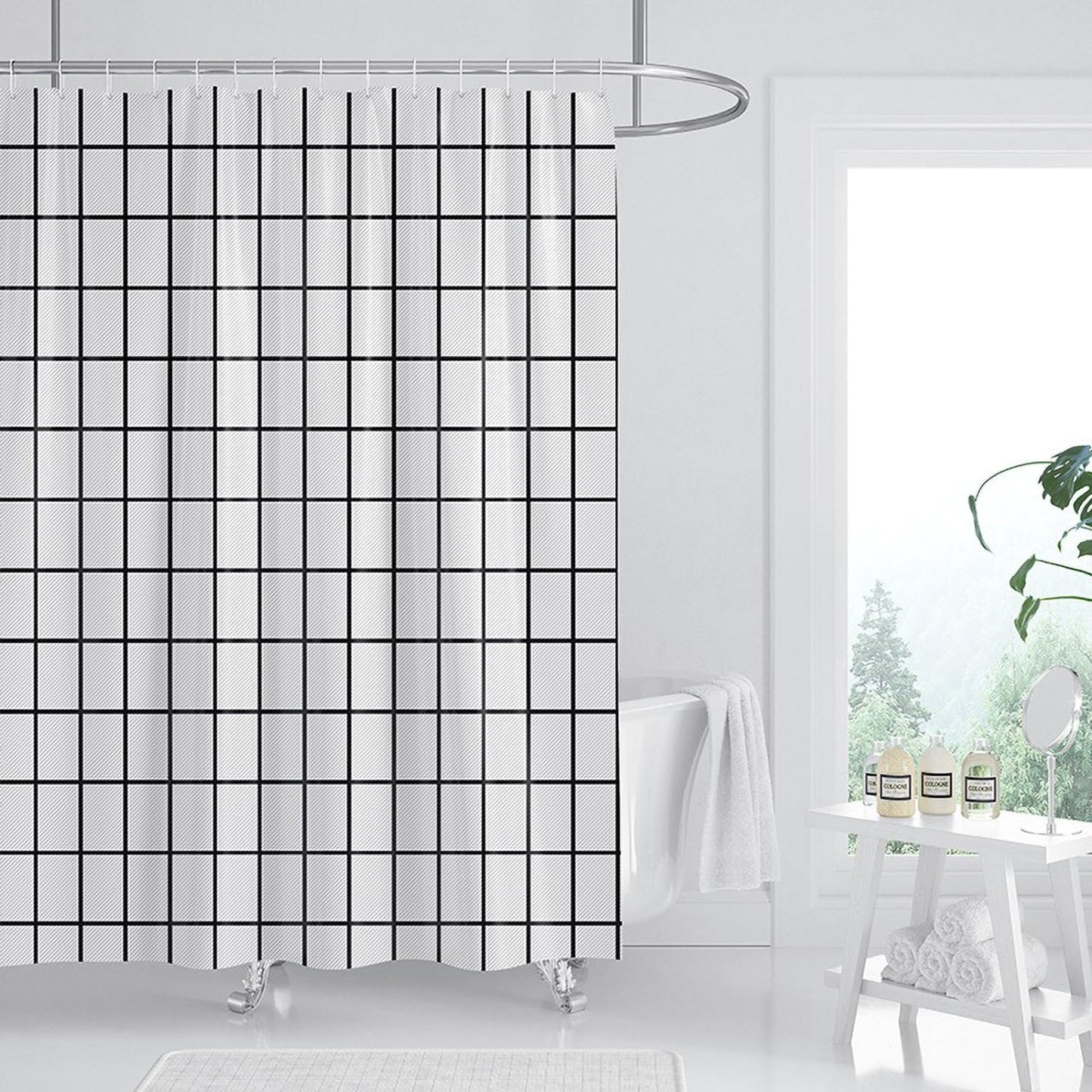 FSZhenZuan Shower Curtain 200 x 200 cm Drop Water Repellent Anti Mould Wet Room Shower Curtain with Hooks Washable Polyester Fabric White Grid