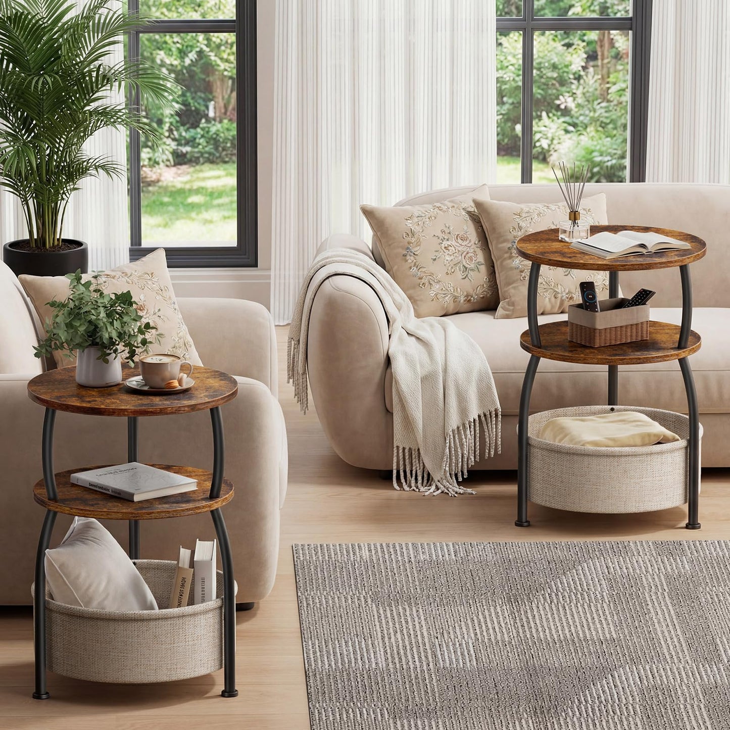 Yuede Side Table with Fabric Basket, Round End Table, 3 Tier Bedside Table, Coffee Table for Living Room, Bed Room, Modern, 40 x 61 cm, Brown