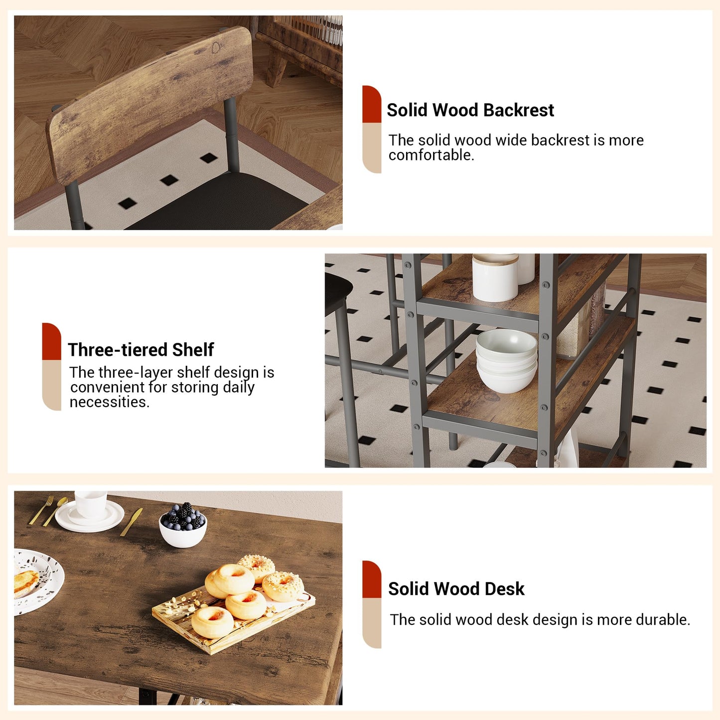 Techigher Bar Table Set, Dining Tables with 2 Upholstered Chairs, 3 Piece Counter Height Kitchen Table Set with 3-Tier Storage Shelves