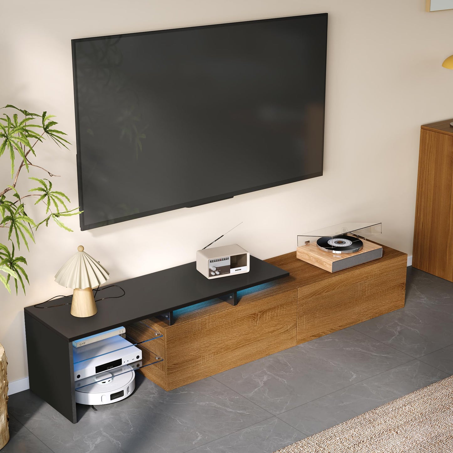 Ball & Cast Modern TV Cabinet Design: Stylish and Elegant, Practical Storage Space, Black and Wood Look, Glass Shelves, LED Lighting, 170x33x33.5cm