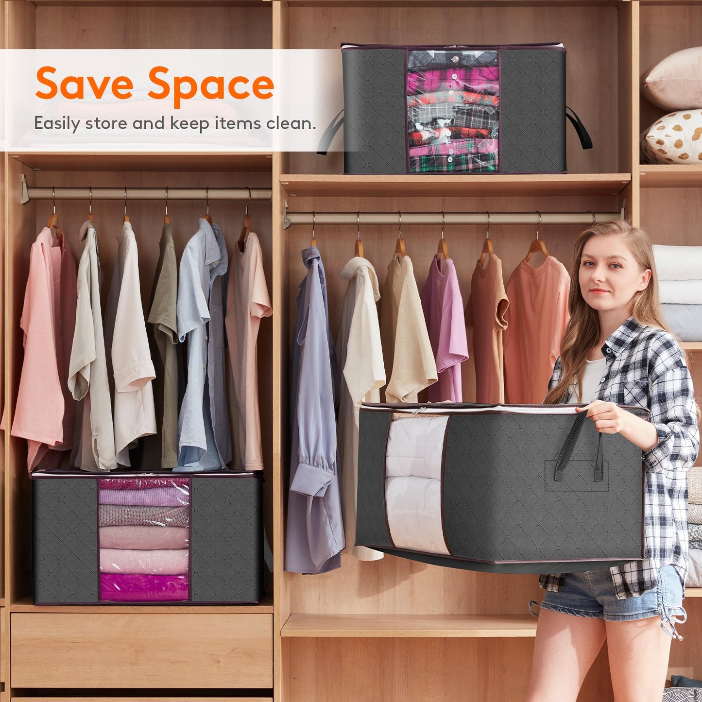Lifewit 105L Clothes Storage Bags Large Storage Box With Lid Packing Boxes for Moving House With Reinforced Handle Thick Fabric Clear Window for
