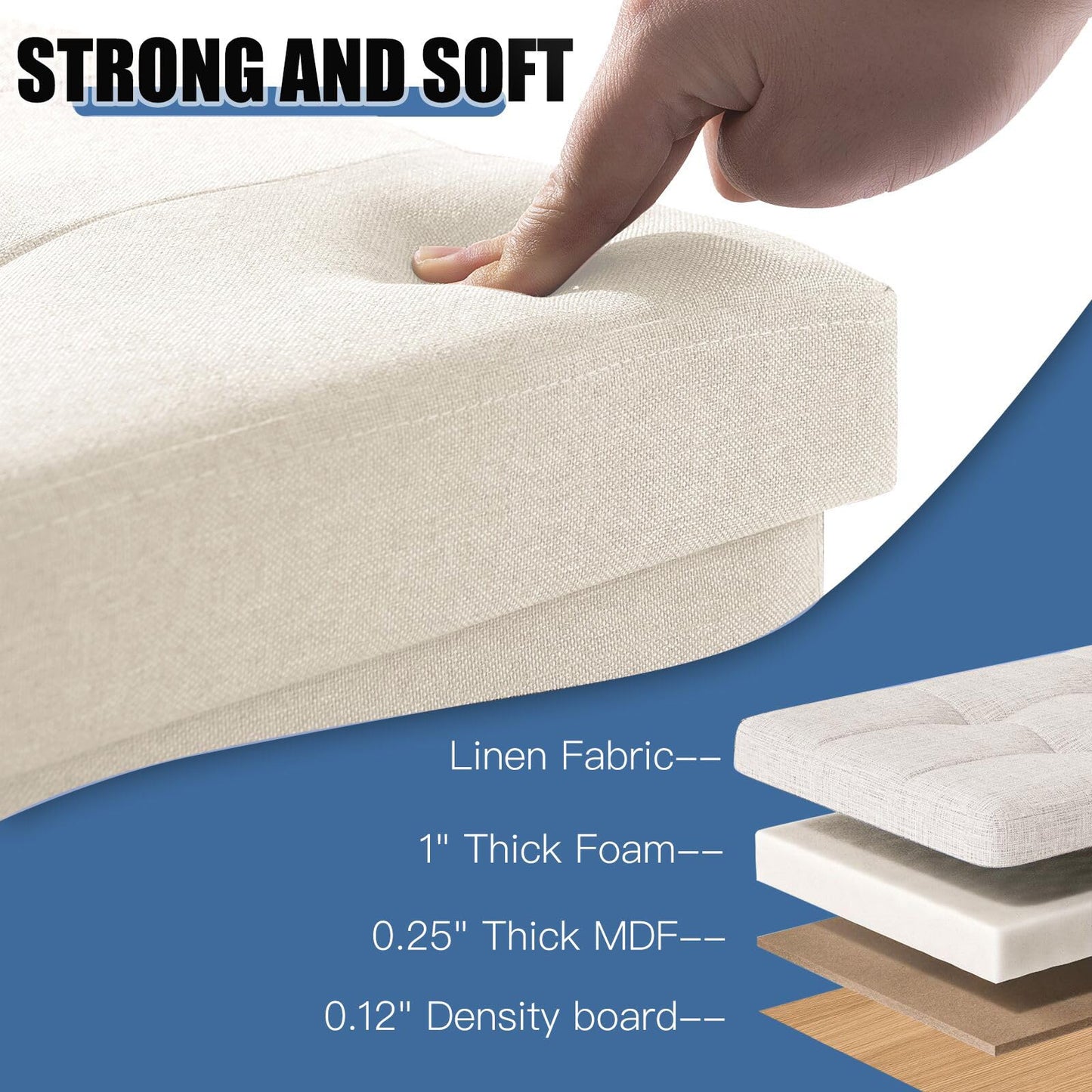 BRIAN & DANY Folding Storage Ottoman with Wood Legs, Linen Foot Stool, Storage Chest with Highly Elastic Sponge Filling, Beige, 38 x 38 x 38 cm