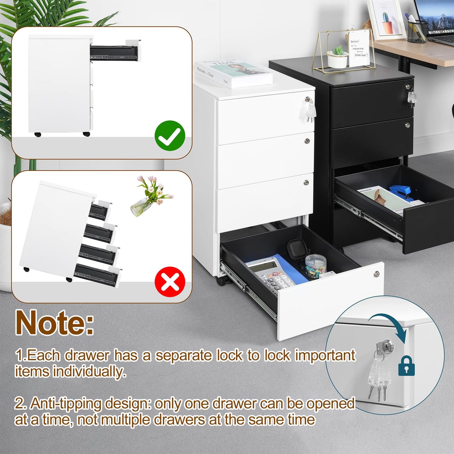 HOMSTEEL Mobile File Ccabinet, Filing Cabinet with 4 Lock, 4 Keys, 4 Drawers, Metal Cabinet, Pre-assembled, for Office, Home Office, White